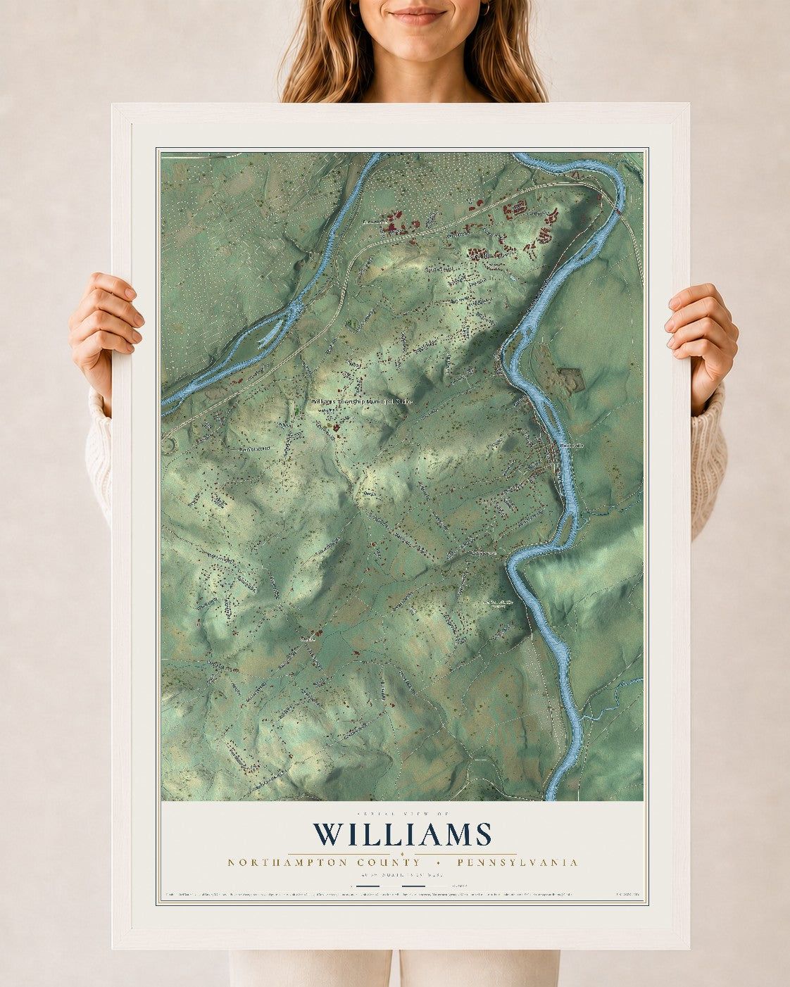 Map of Williams, Northampton County, Pennsylvania, 24 x 36 inch print in a white wood frame