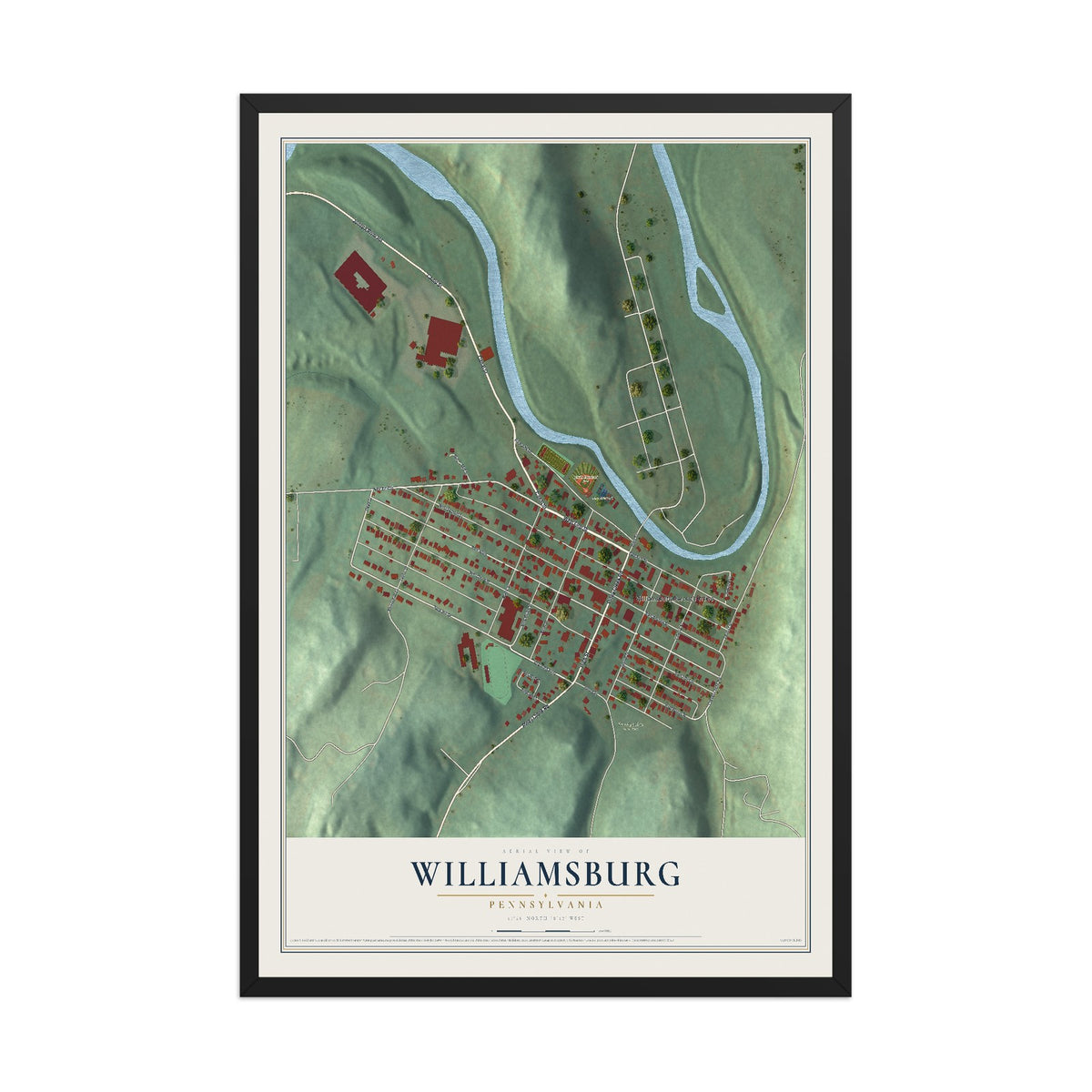 Map of Williamsburg, Pennsylvania, 12 x 18 inch print in a black wood frame