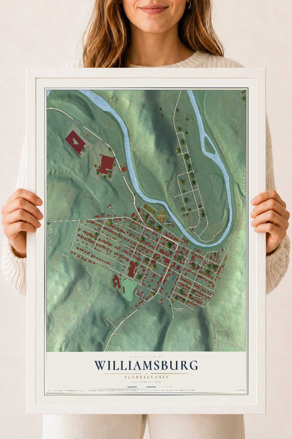 Map of Williamsburg, Pennsylvania, 18 x 24 inch print in a white wood frame
