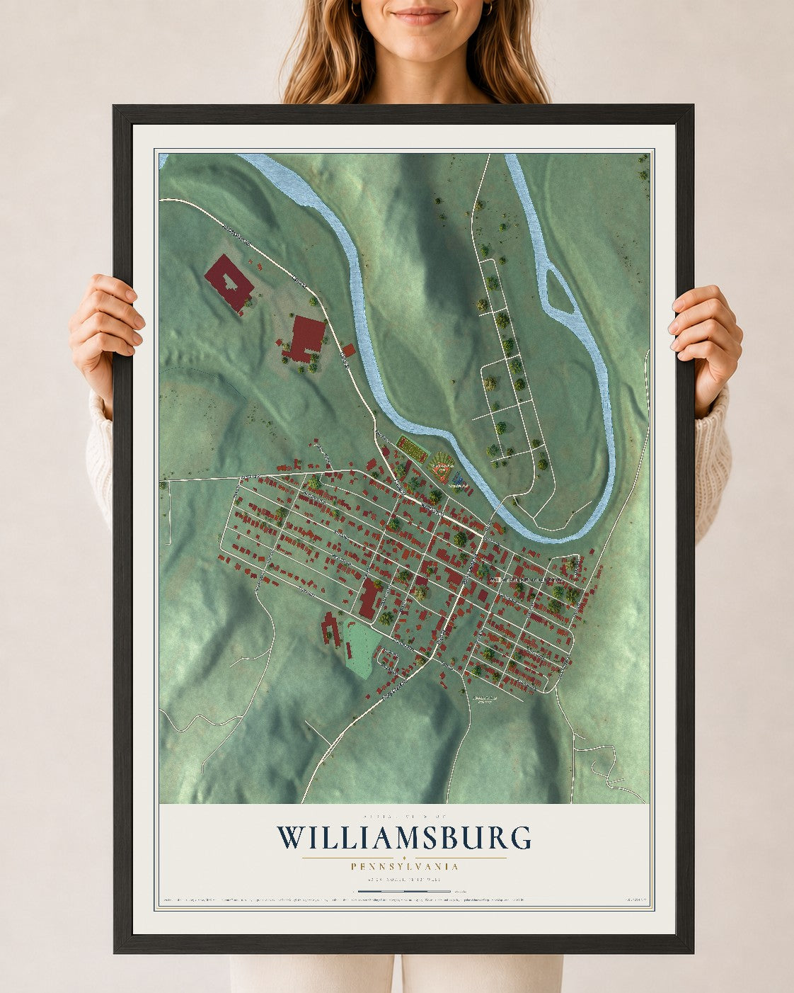 Map of Williamsburg, Pennsylvania, 24 x 36 inch print in a black wood frame