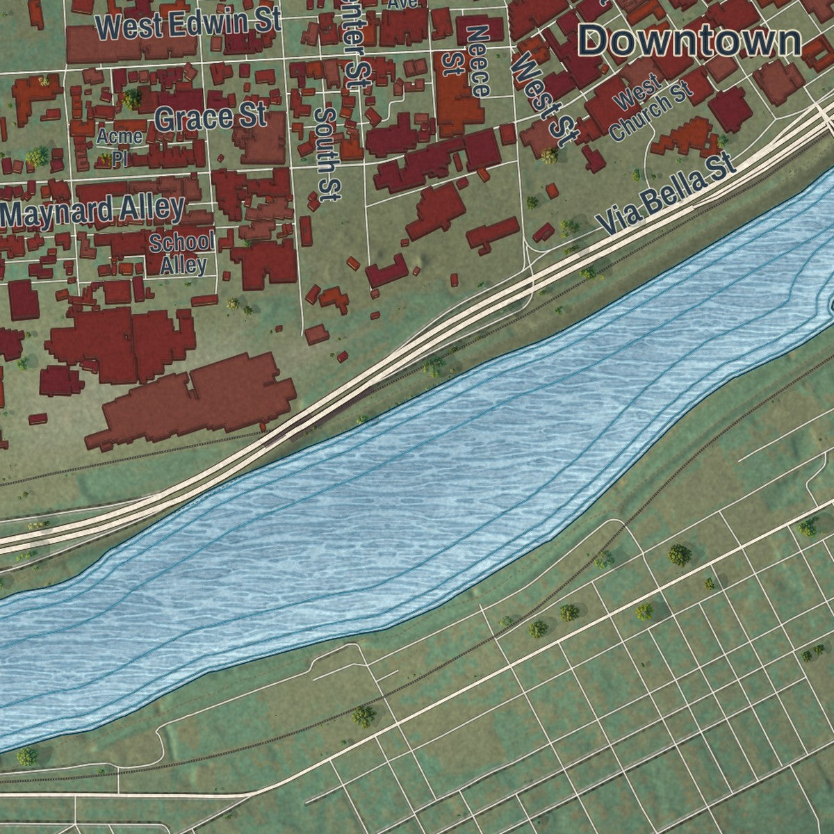 Second close-up of the map of Williamsport, Pennsylvania print showing more streets and buildings
