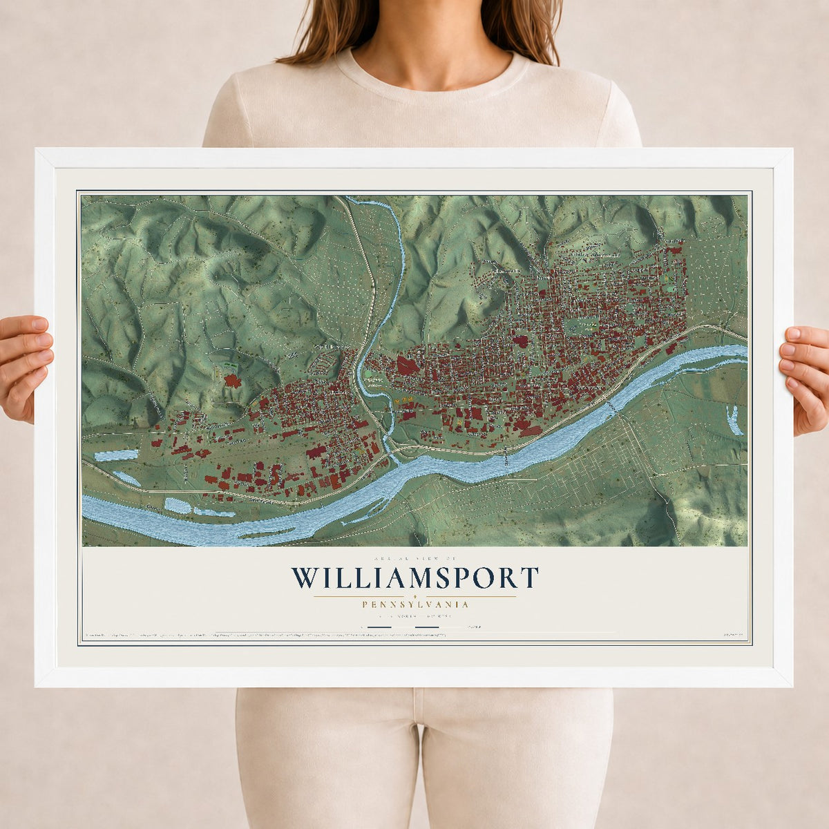 Map of Williamsport, Pennsylvania, 18 x 24 inch print in a white wood frame