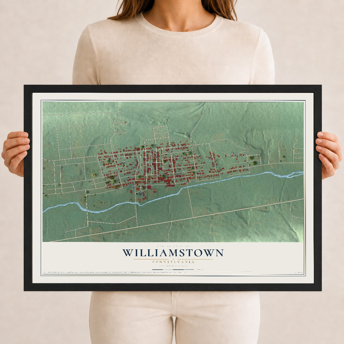 Map of Williamstown, Pennsylvania, 12 x 18 inch print in a black wood frame
