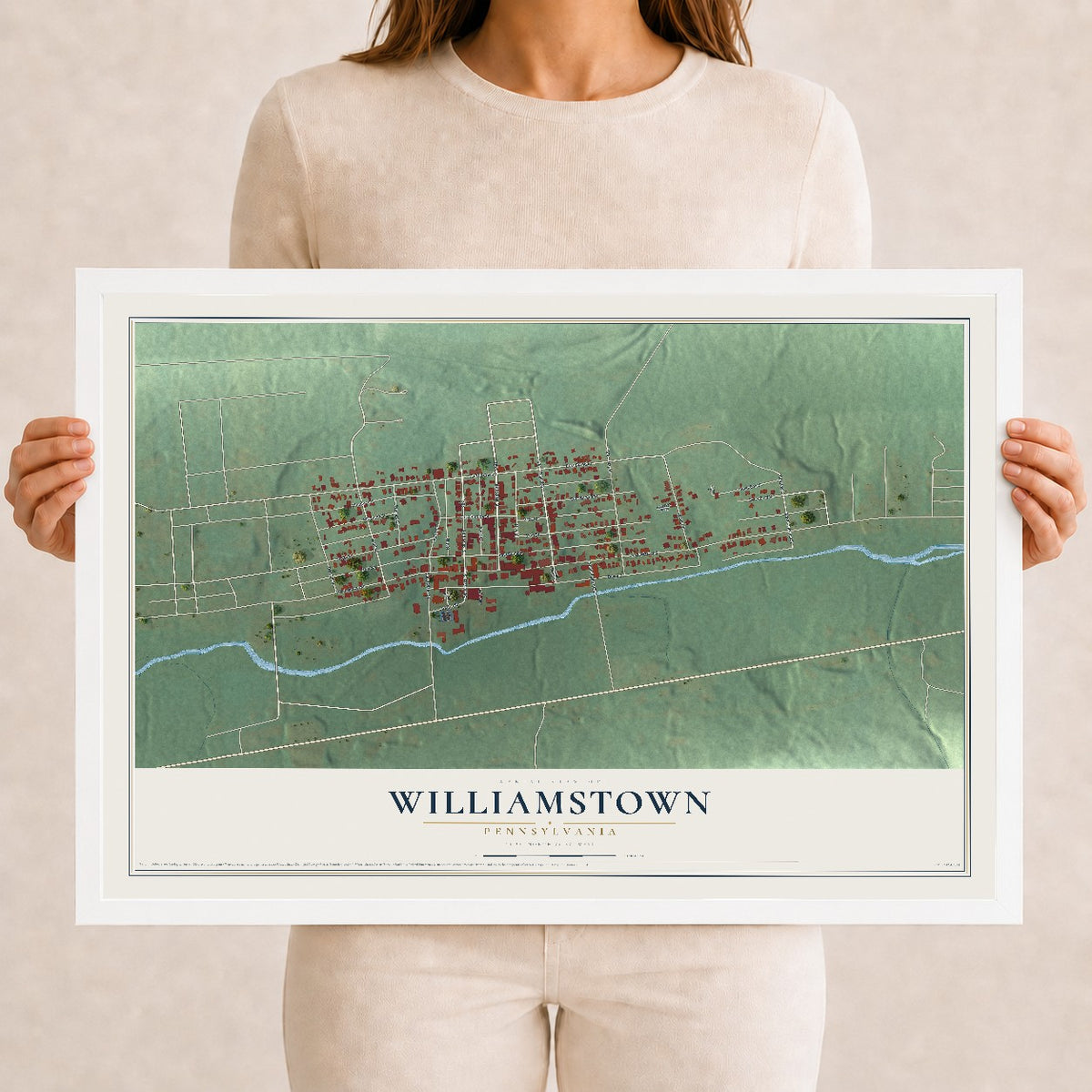 Map of Williamstown, Pennsylvania, 12 x 18 inch print in a white wood frame