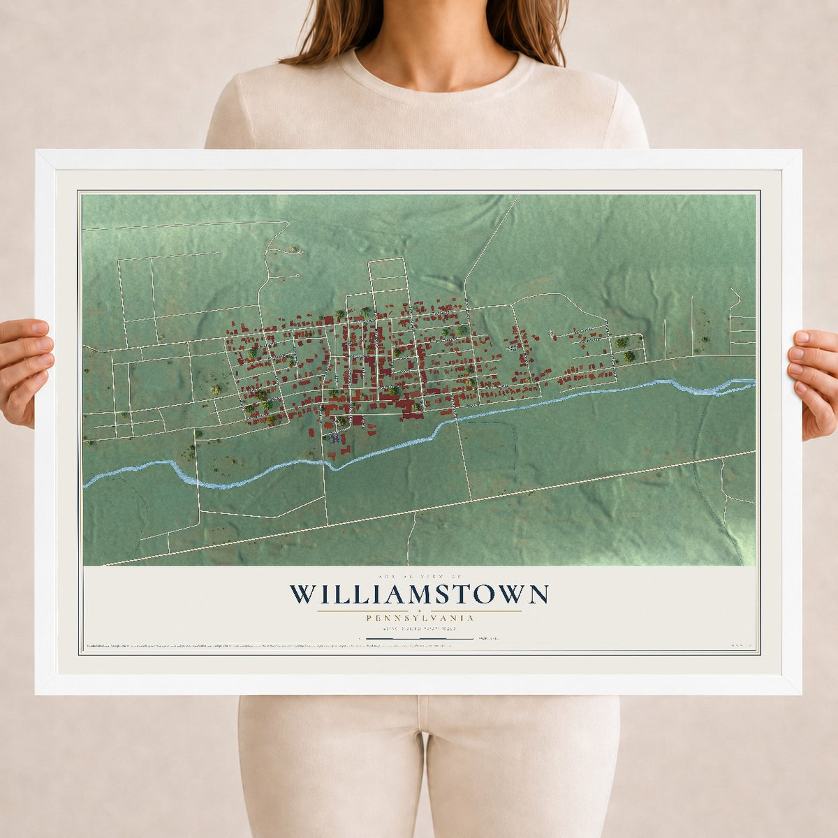 Map of Williamstown, Pennsylvania, 18 x 24 inch print in a white wood frame