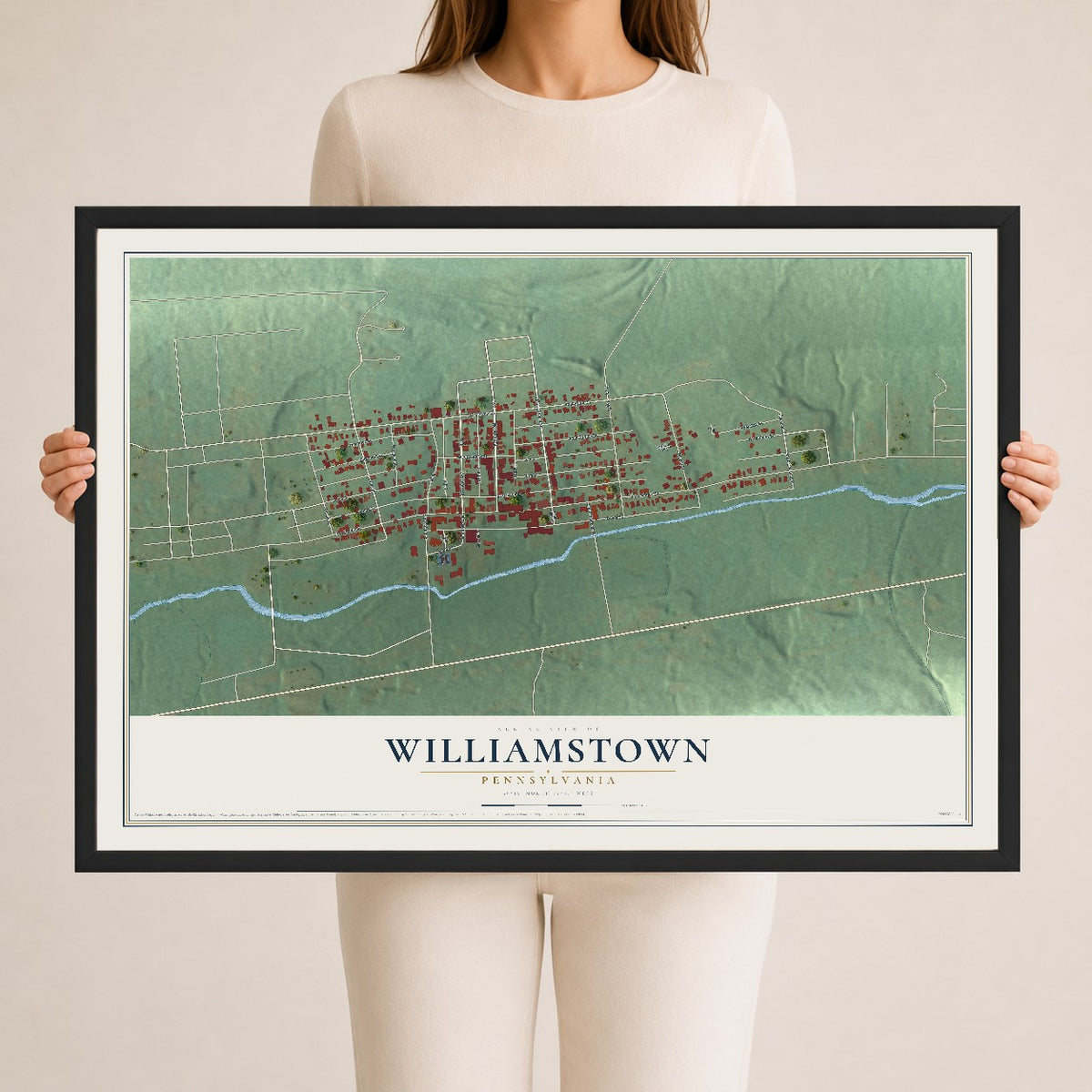 Map of Williamstown, Pennsylvania, 24 x 36 inch print in a black wood frame