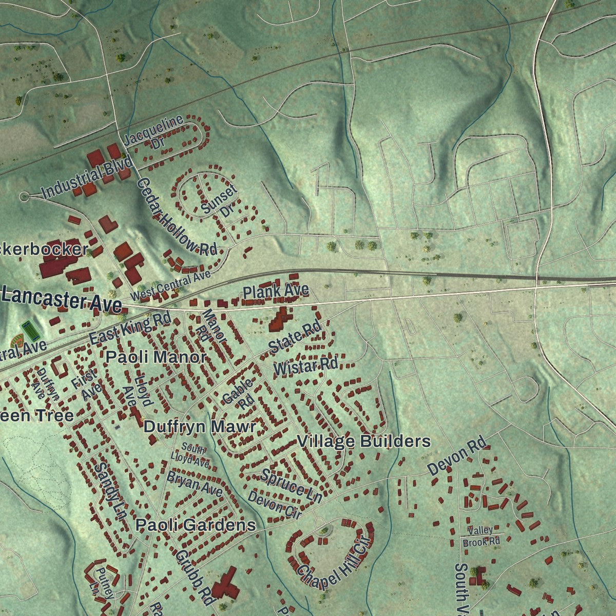 Close-up of the map of Willistown, Pennsylvania print showing street and building detail