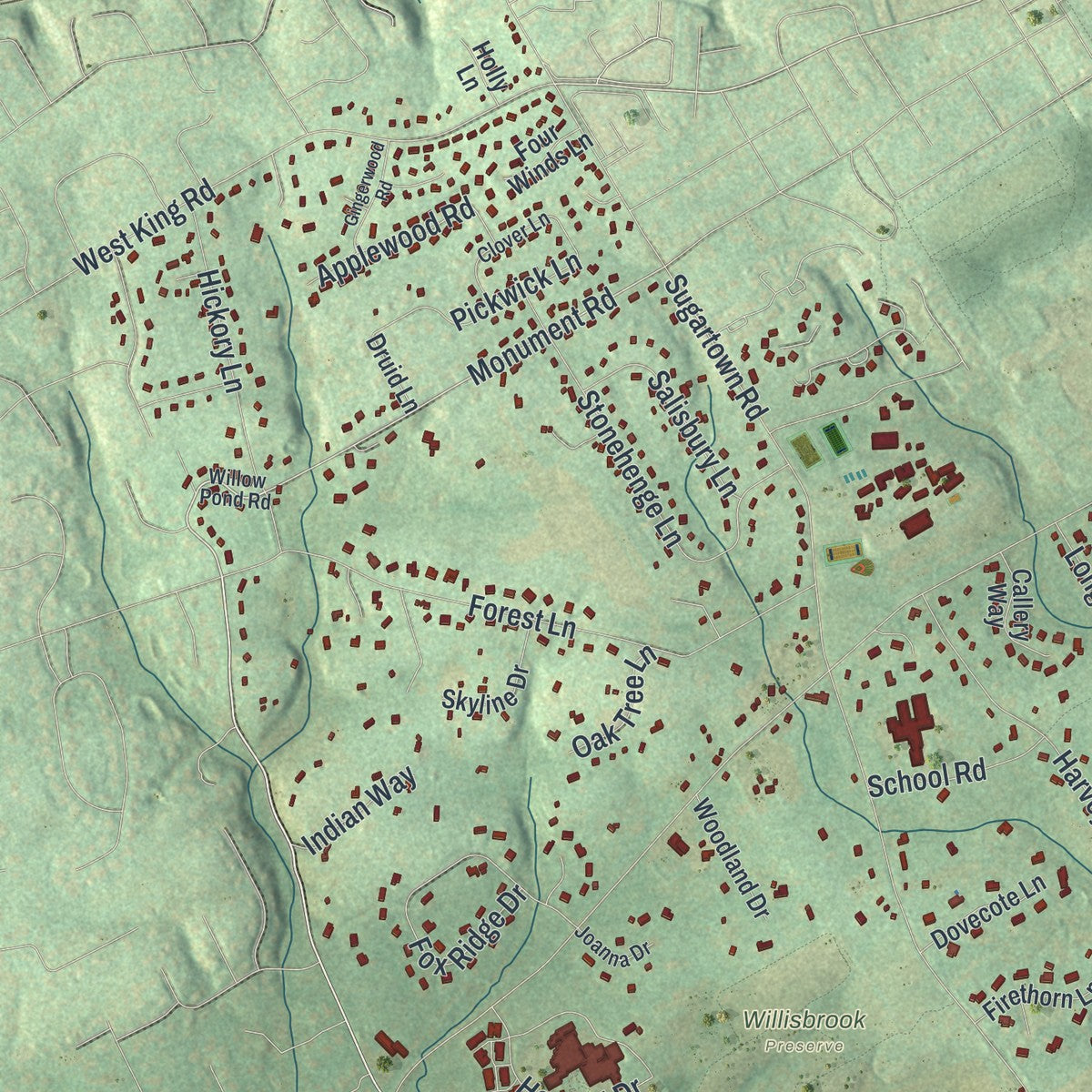Second close-up of the map of Willistown, Pennsylvania print showing more streets and buildings