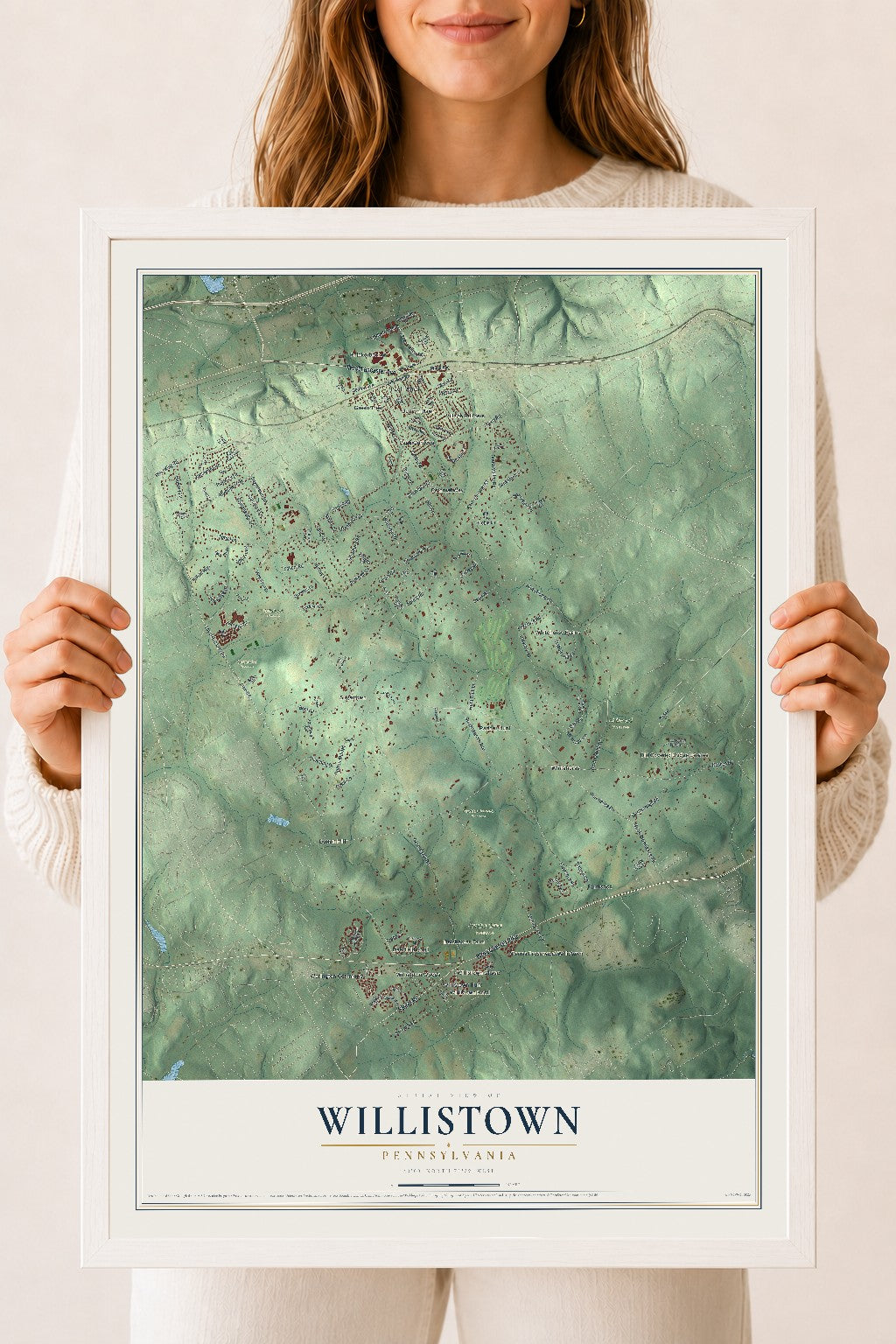 Map of Willistown, Pennsylvania, 18 x 24 inch print in a white wood frame