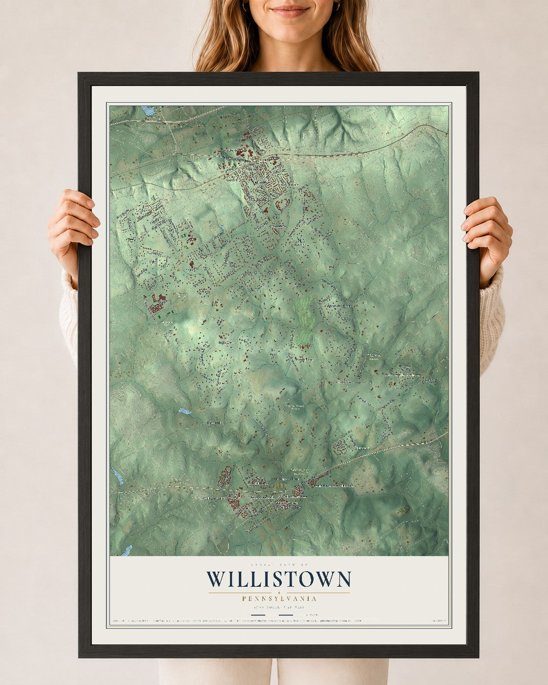 Map of Willistown, Pennsylvania, 24 x 36 inch print in a black wood frame
