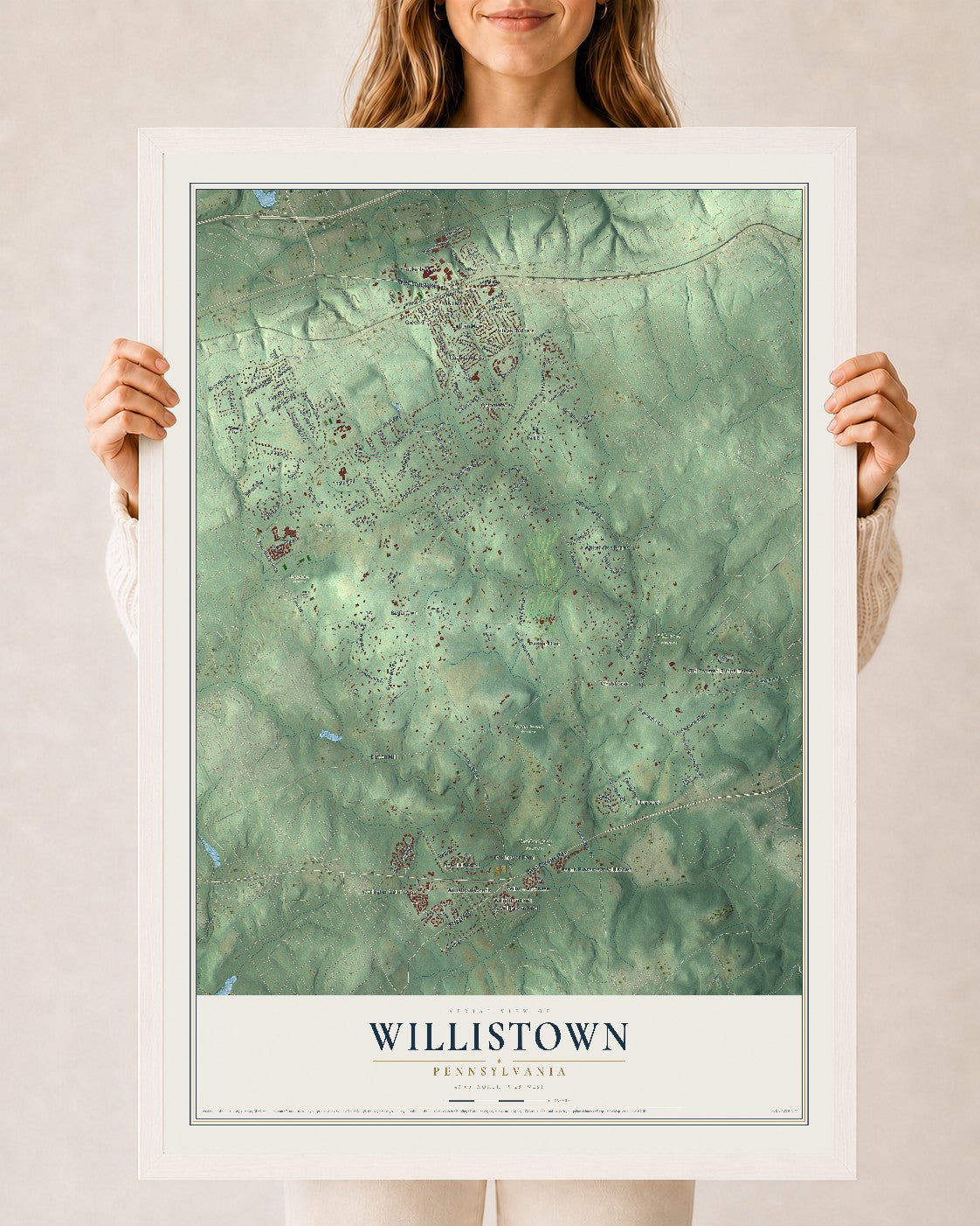Map of Willistown, Pennsylvania, 24 x 36 inch print in a white wood frame