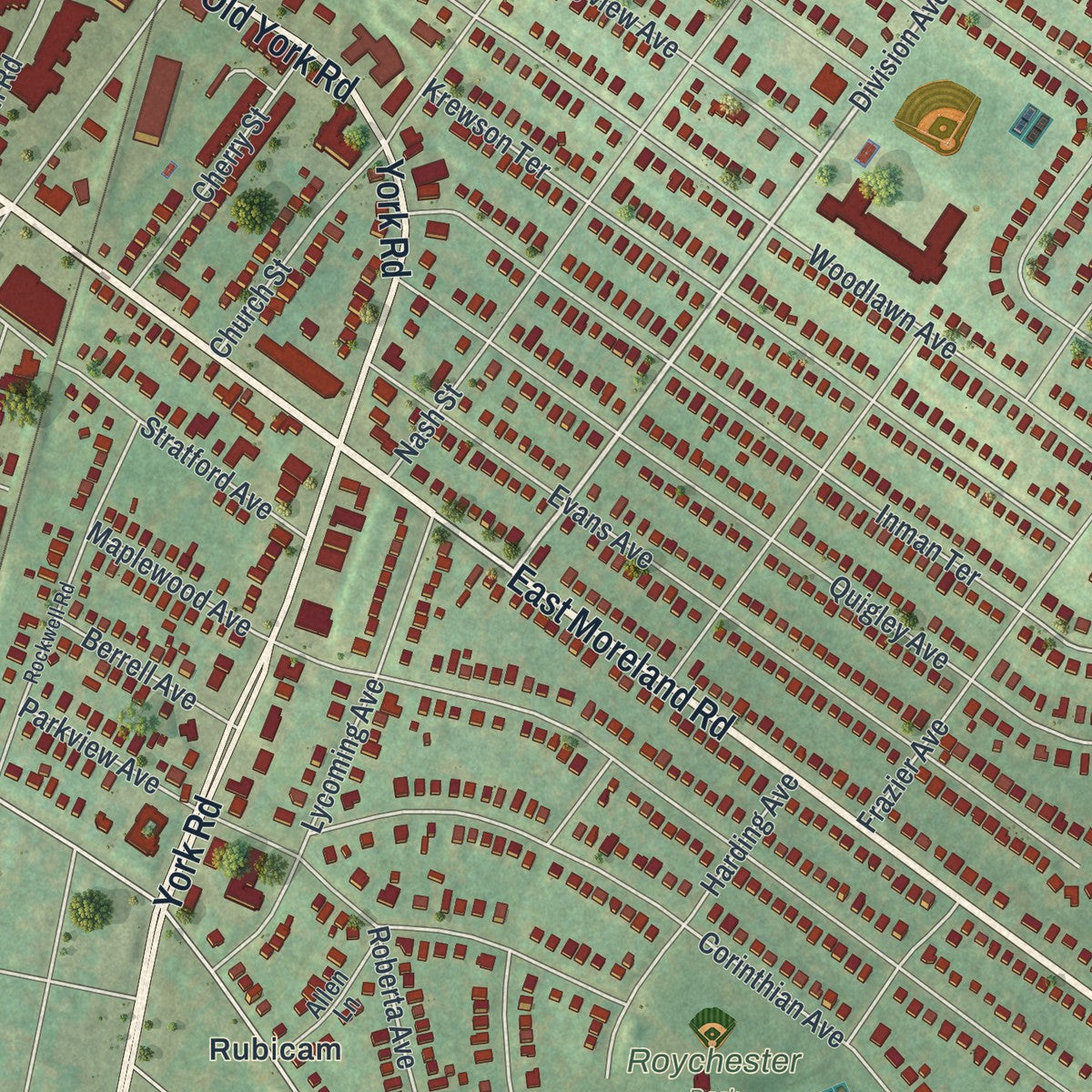 Close-up of the map of Willow Grove, Pennsylvania print showing street and building detail