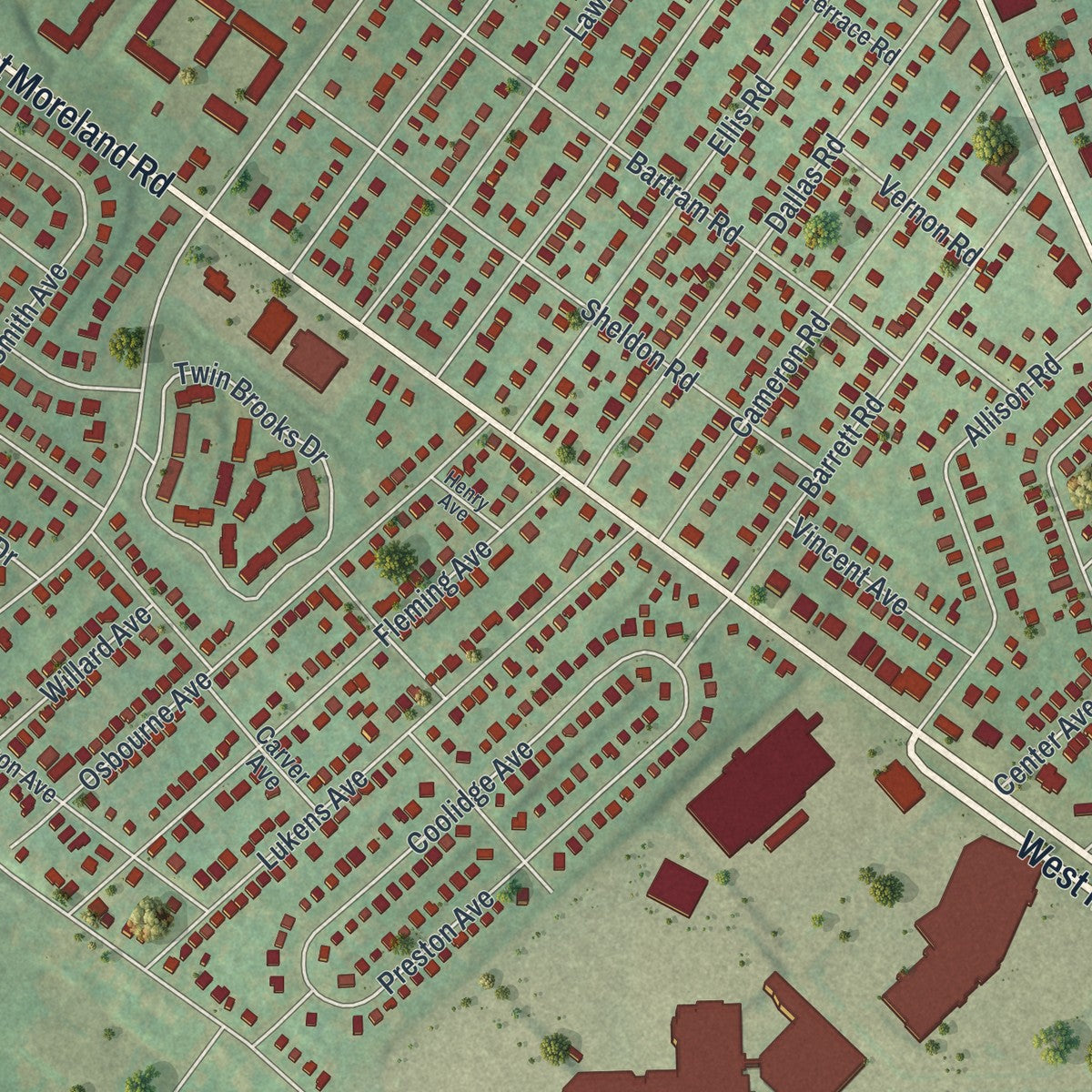 Second close-up of the map of Willow Grove, Pennsylvania print showing more streets and buildings