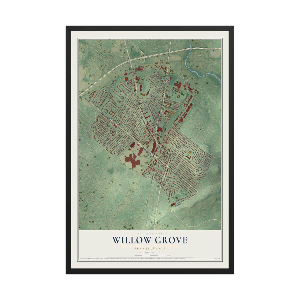 Map of Willow Grove, Pennsylvania, 12 x 18 inch print in a black wood frame