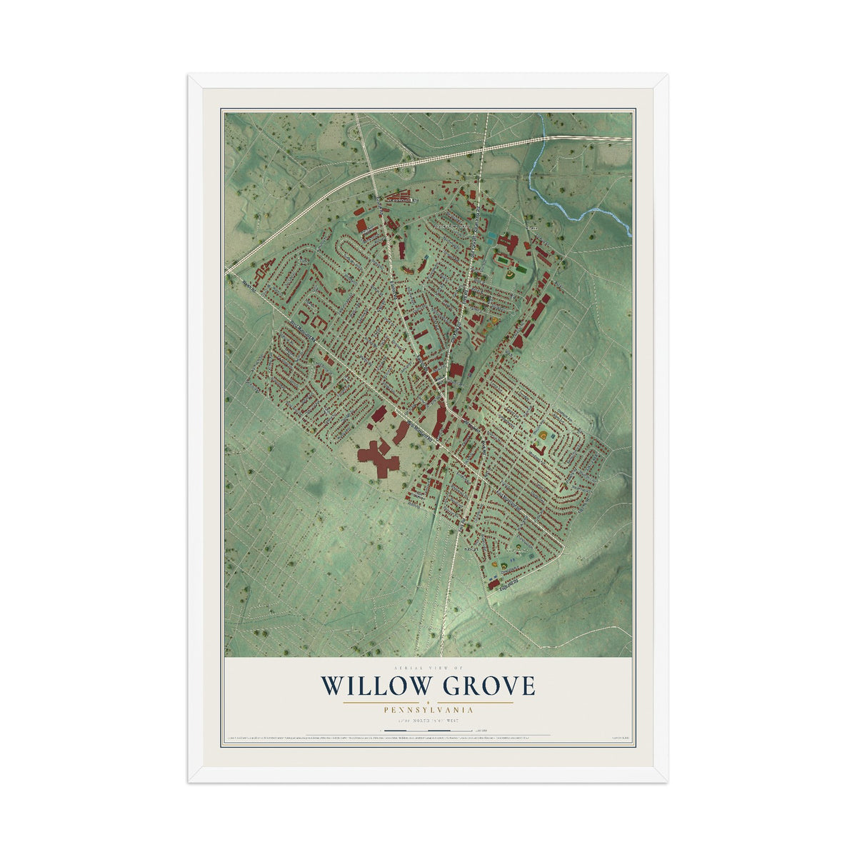 Map of Willow Grove, Pennsylvania, 12 x 18 inch print in a white wood frame