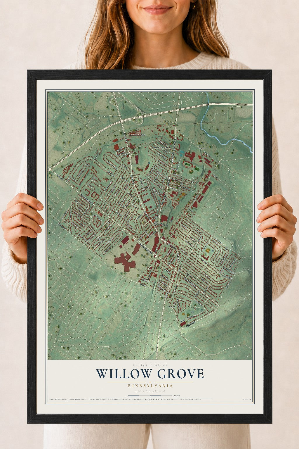 Map of Willow Grove, Pennsylvania, 18 x 24 inch print in a black wood frame