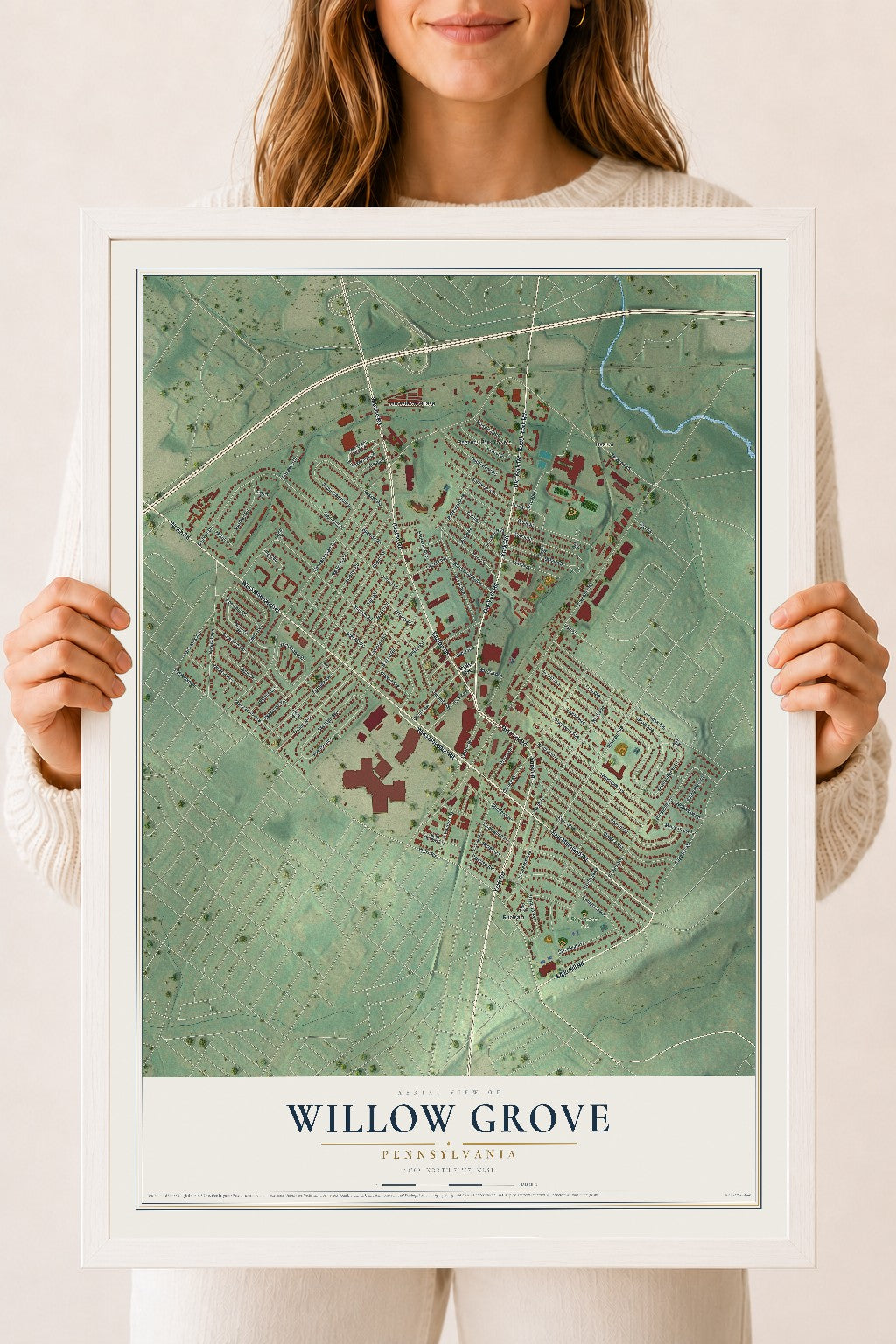 Map of Willow Grove, Pennsylvania, 18 x 24 inch print in a white wood frame