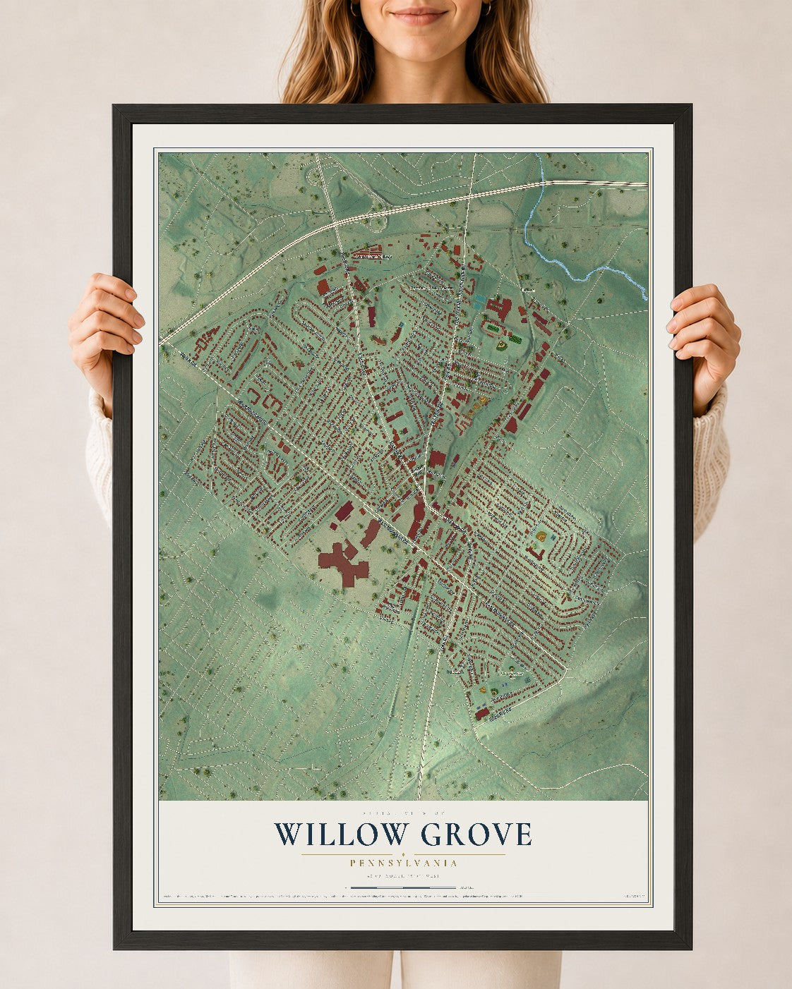 Map of Willow Grove, Pennsylvania, 24 x 36 inch print in a black wood frame