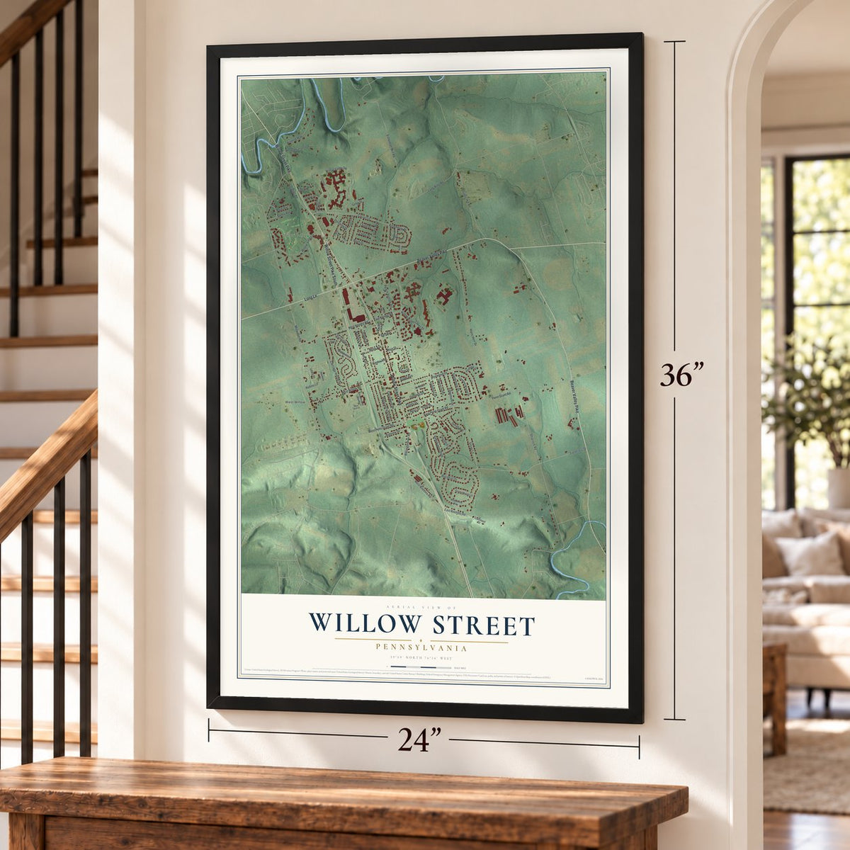 Willow Street, Pennsylvania map, 24 x 36 inch print in a black frame by a staircase