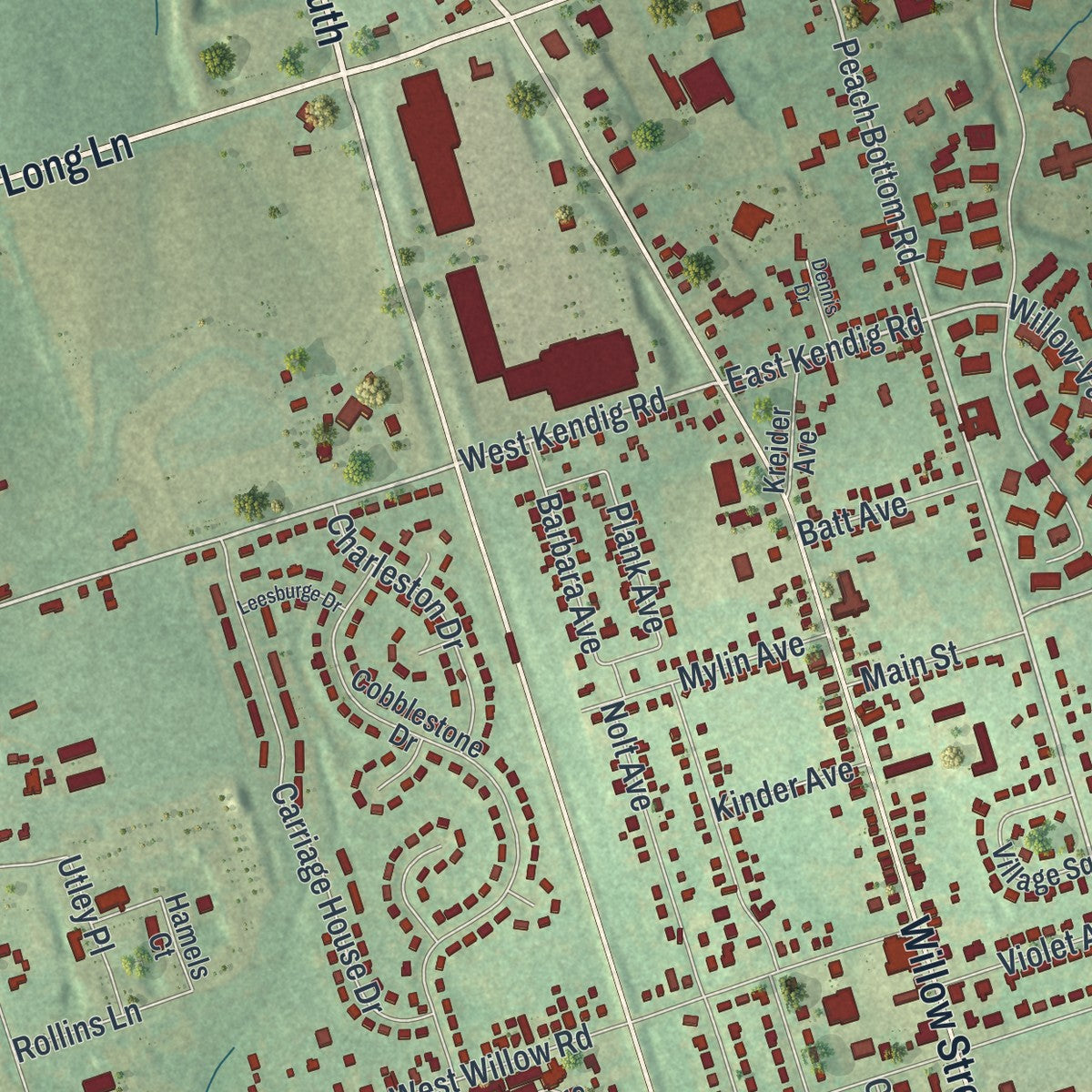 Close-up of the map of Willow Street, Pennsylvania print showing street and building detail