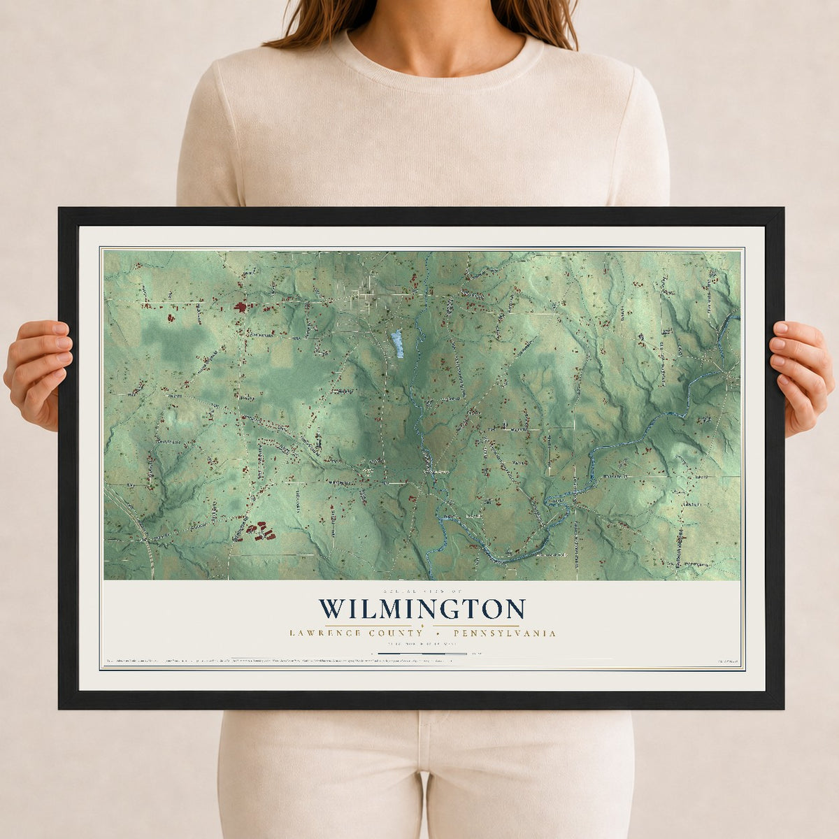 Map of Wilmington, Lawrence County, Pennsylvania, 12 x 18 inch print in a black wood frame