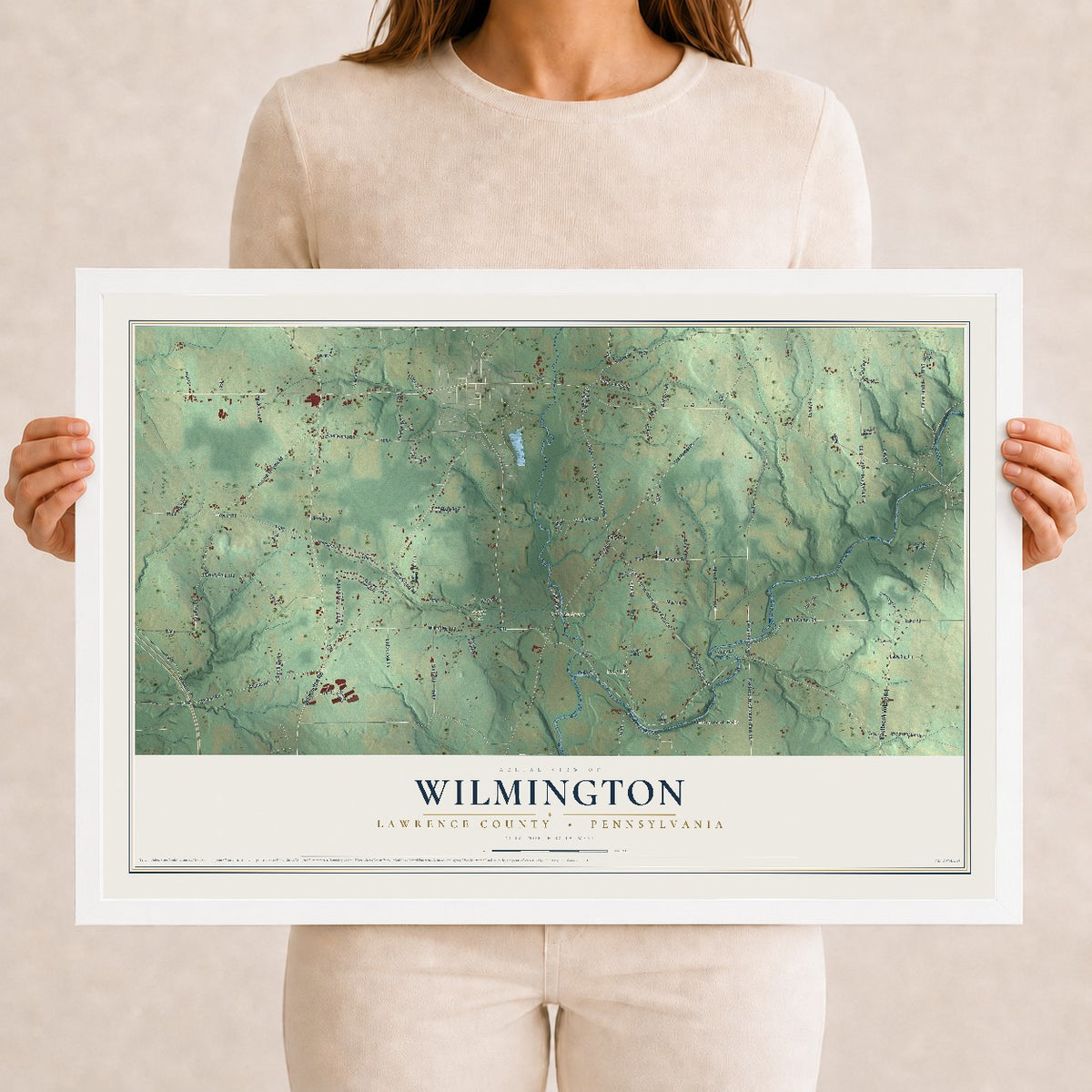 Map of Wilmington, Lawrence County, Pennsylvania, 12 x 18 inch print in a white wood frame