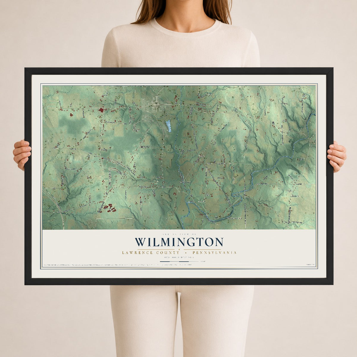 Map of Wilmington, Lawrence County, Pennsylvania, 24 x 36 inch print in a black wood frame