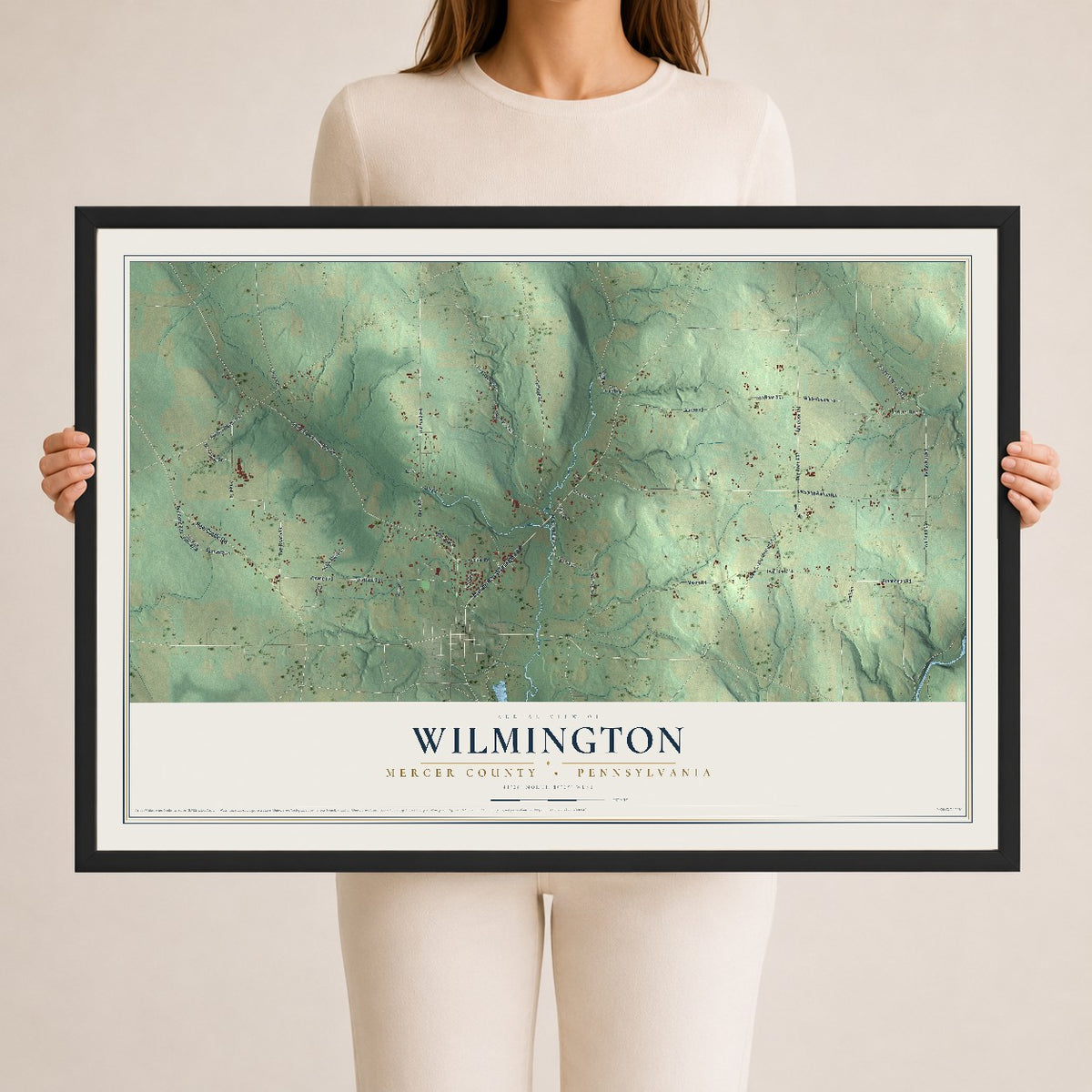 Map of Wilmington, Mercer County, Pennsylvania, 24 x 36 inch print in a black wood frame