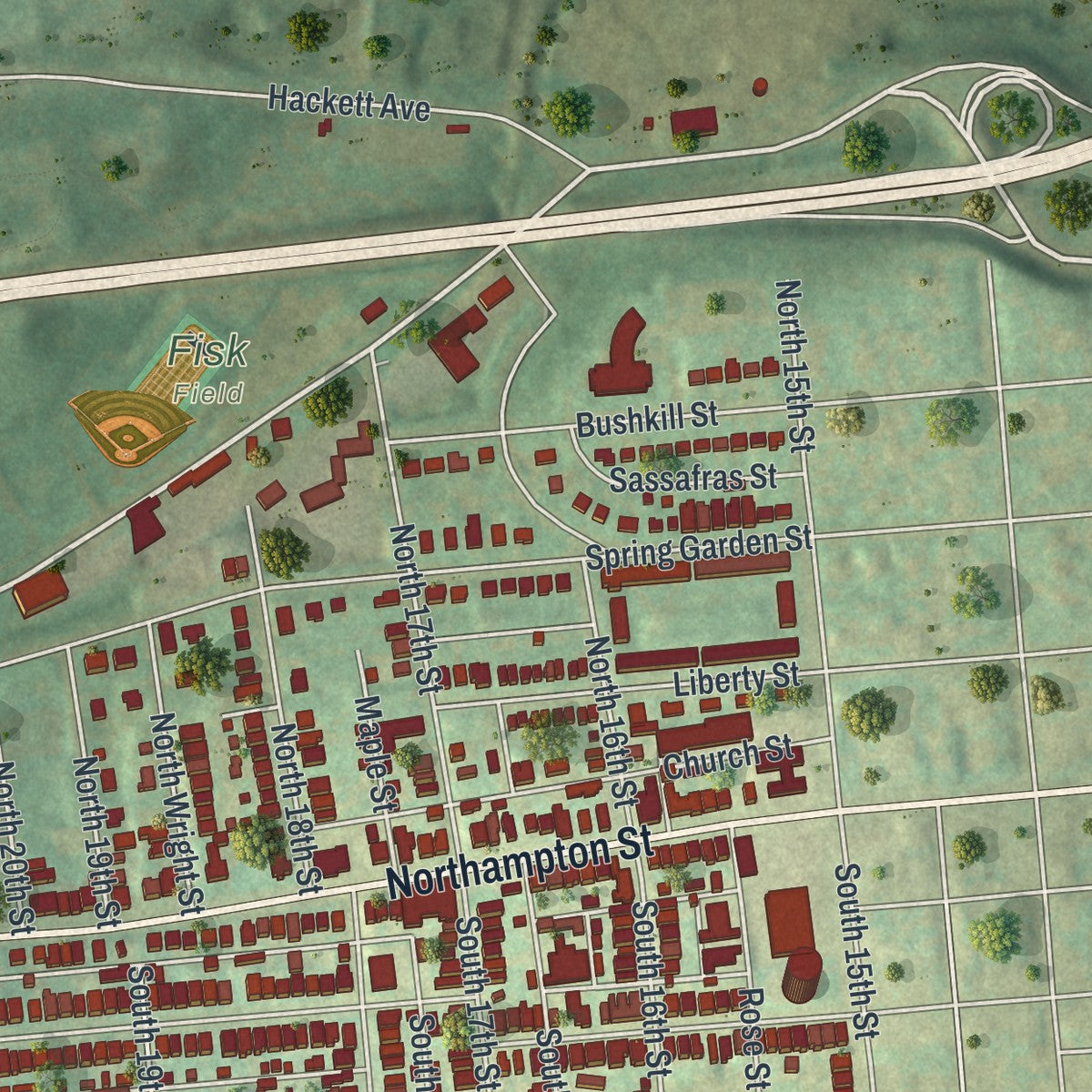 Second close-up of the map of Wilson, Pennsylvania print showing more streets and buildings