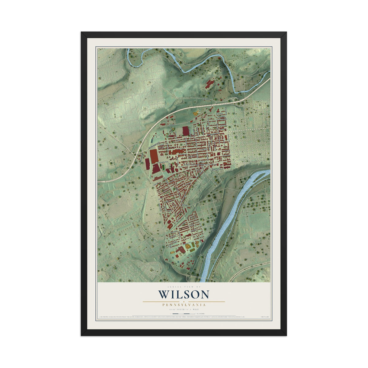 Map of Wilson, Pennsylvania, 12 x 18 inch print in a black wood frame