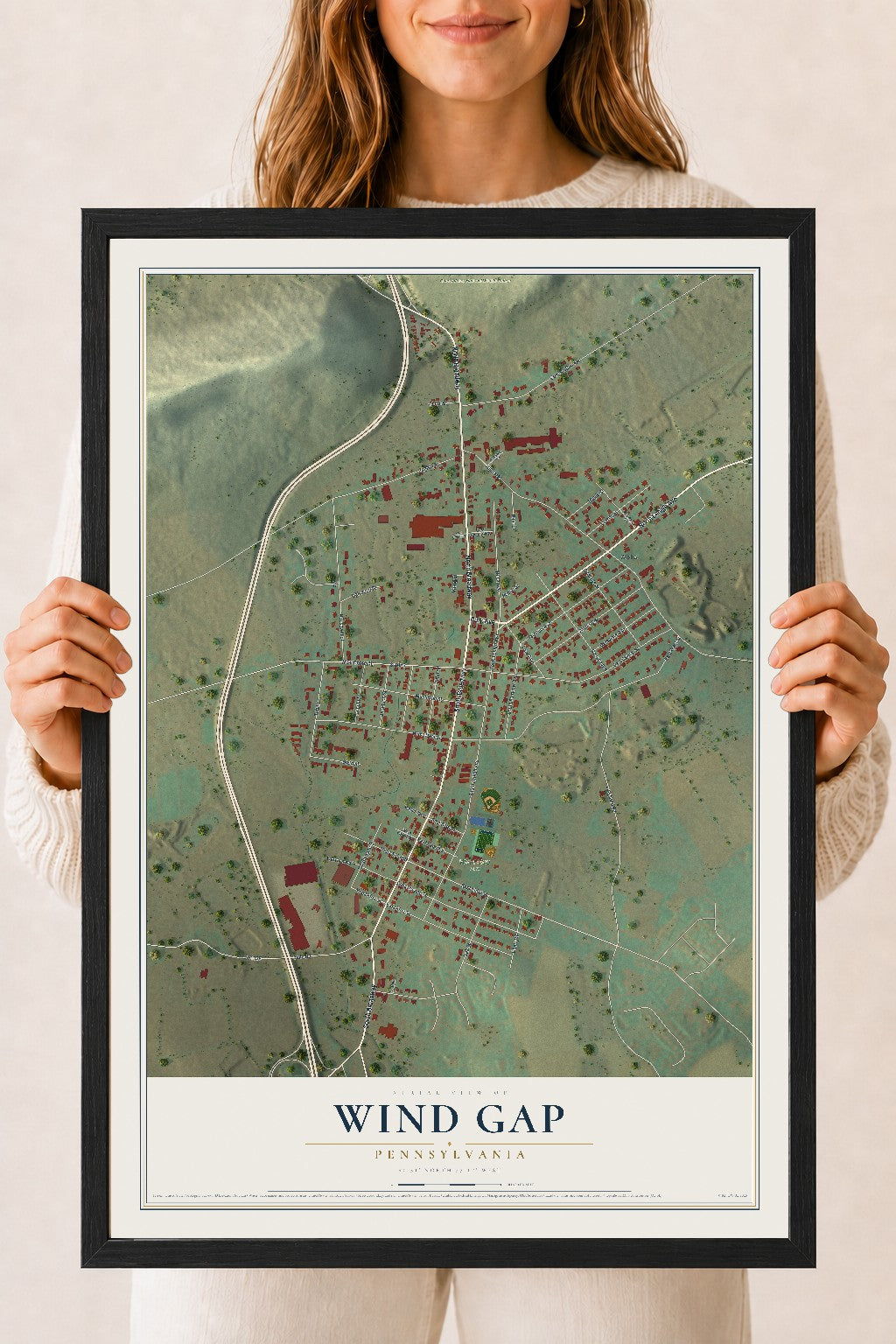 Map of Wind Gap, Pennsylvania, 18 x 24 inch print in a black wood frame