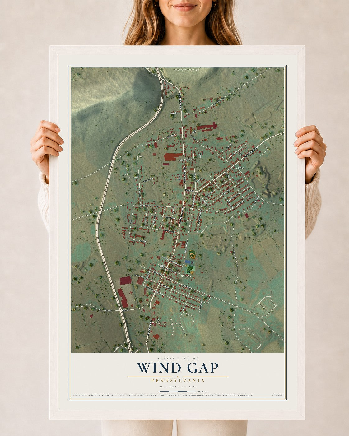 Map of Wind Gap, Pennsylvania, 24 x 36 inch print in a white wood frame