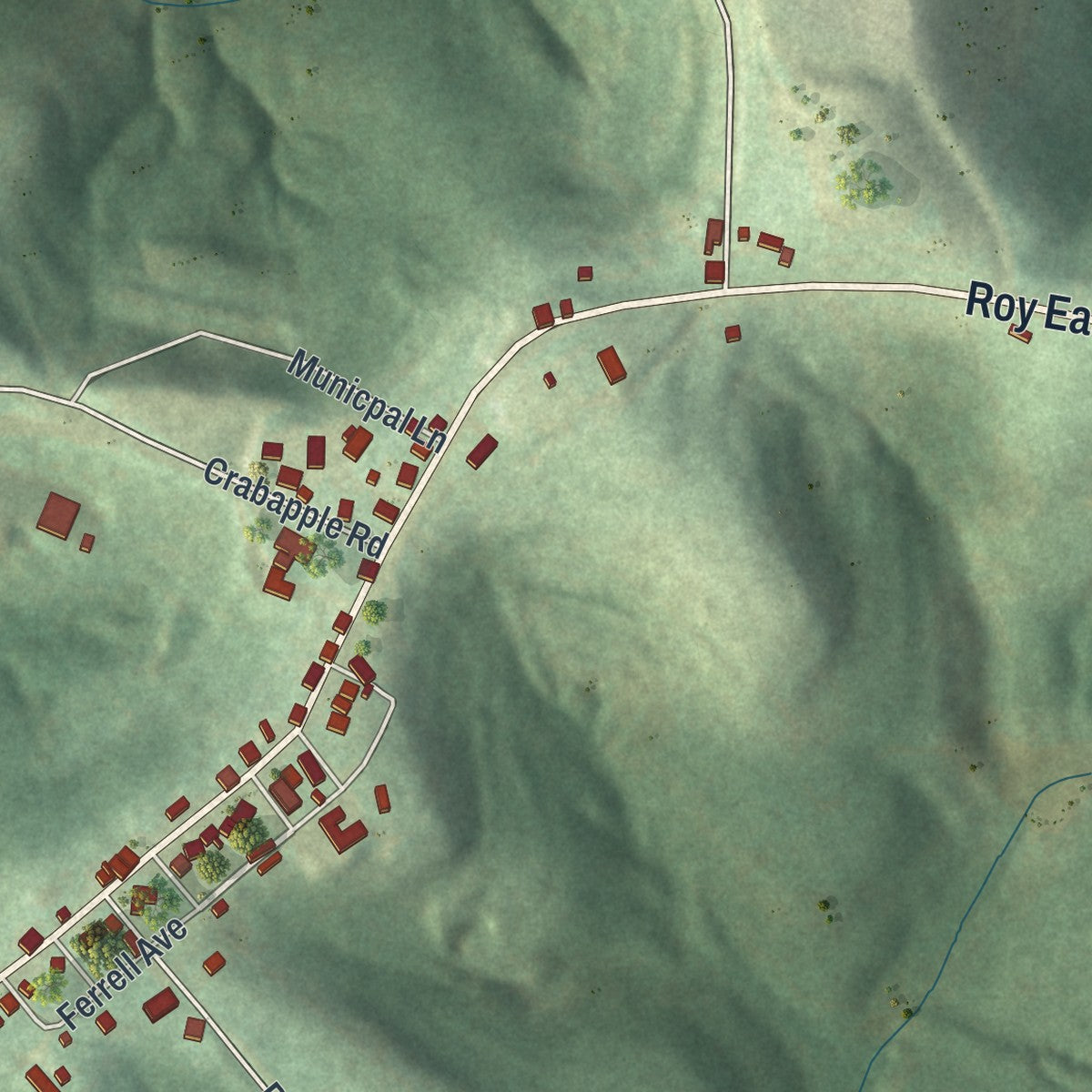 Close-up of the map of Wind Ridge, Pennsylvania print showing street and building detail