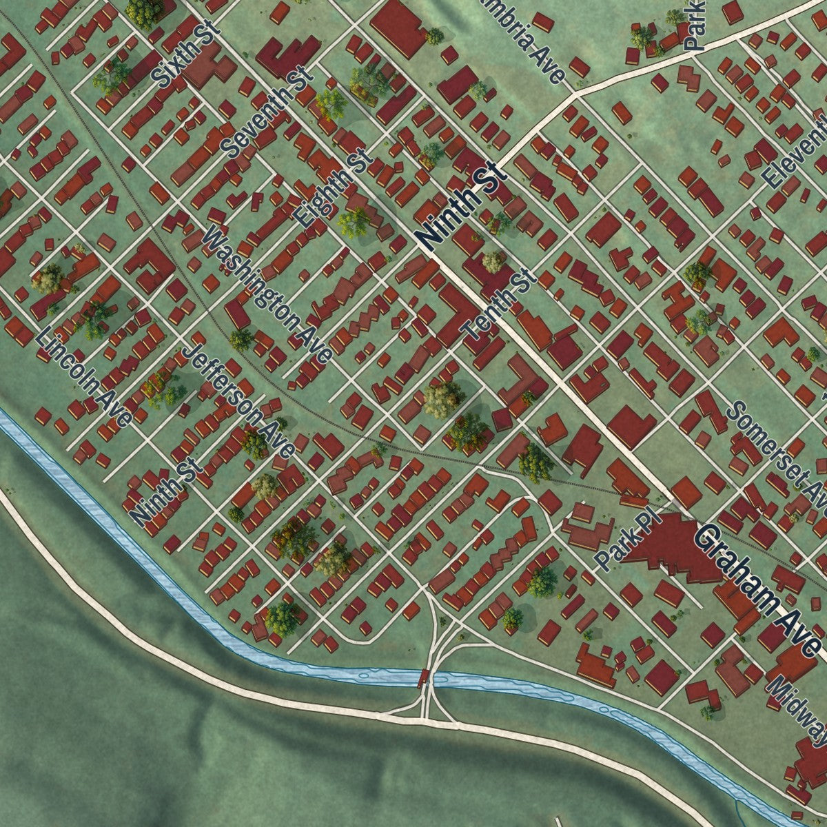 Close-up of the map of Windber, Pennsylvania print showing street and building detail
