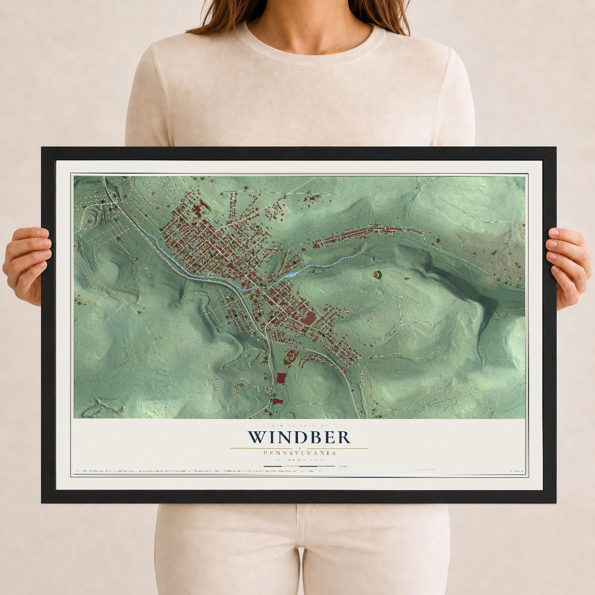 Map of Windber, Pennsylvania, 12 x 18 inch print in a black wood frame
