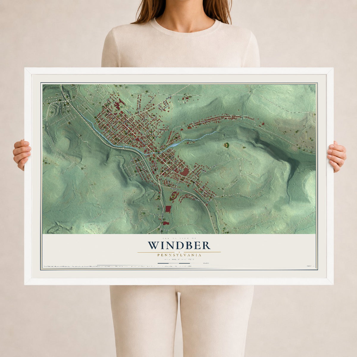 Map of Windber, Pennsylvania, 24 x 36 inch print in a white wood frame