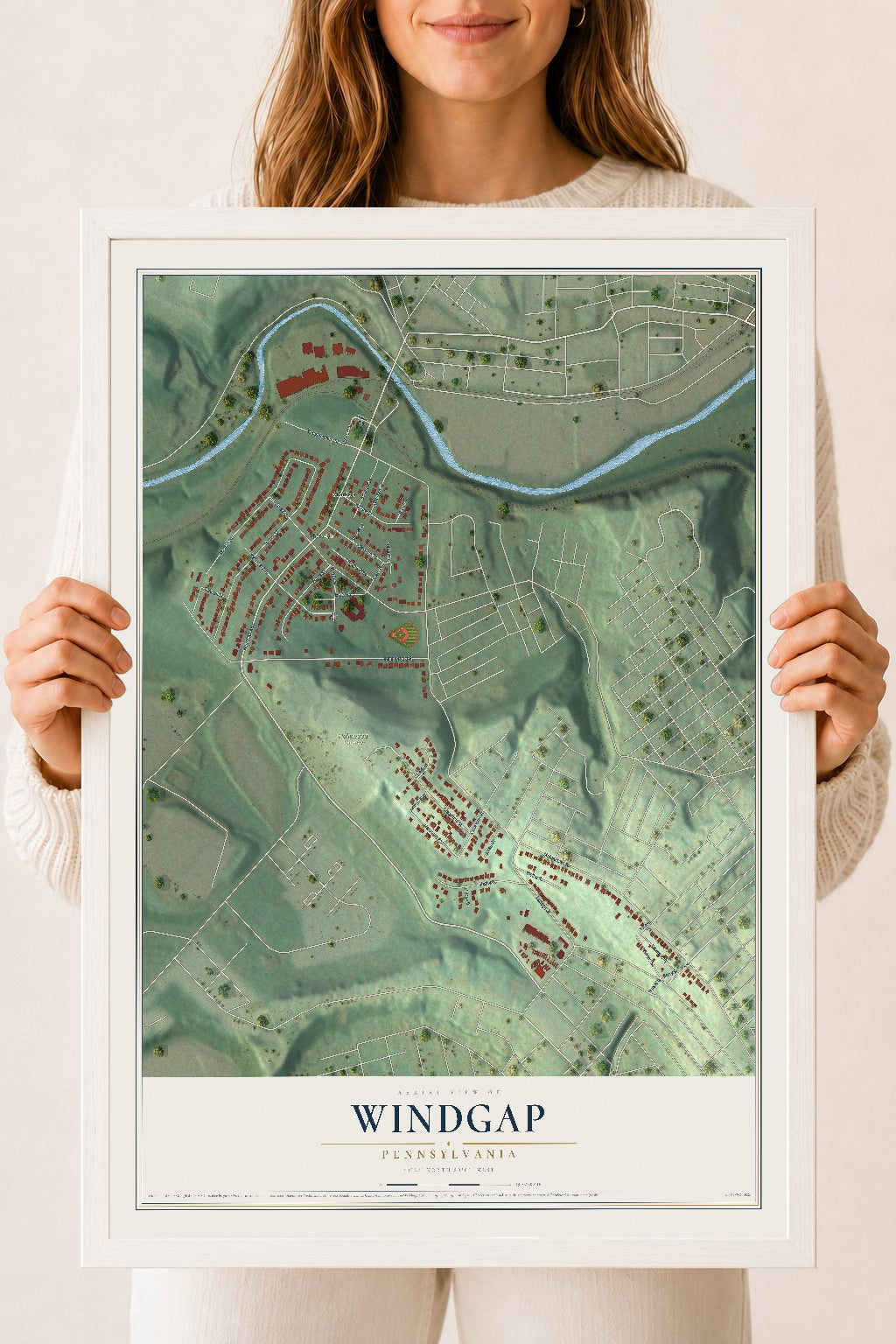 Map of Windgap, Pennsylvania, 18 x 24 inch print in a white wood frame