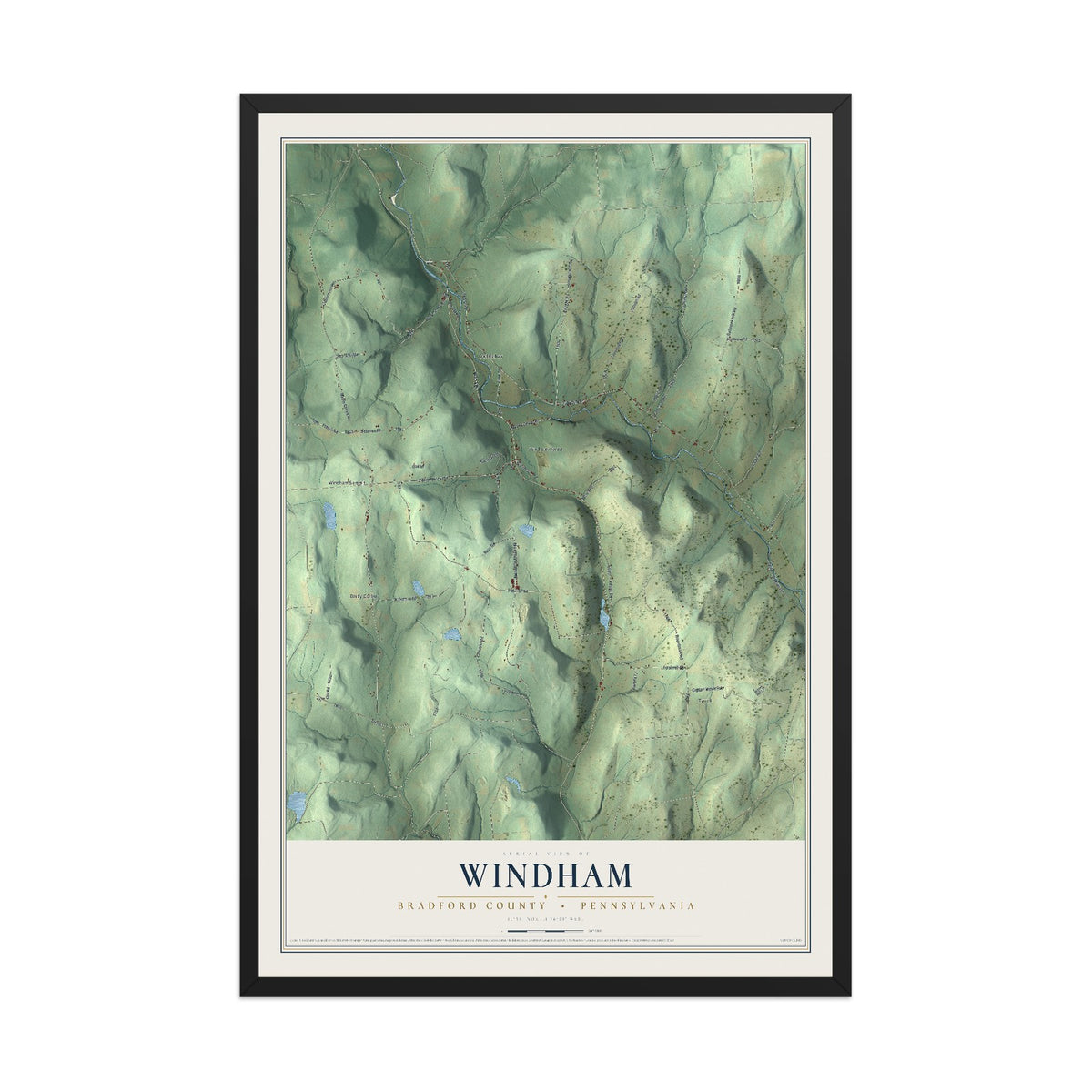 Map of Windham, Bradford County, Pennsylvania, 12 x 18 inch print in a black wood frame