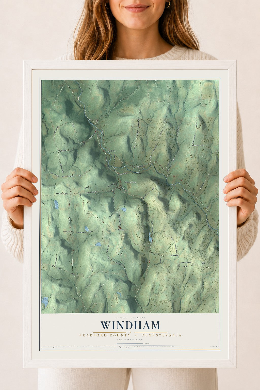 Map of Windham, Bradford County, Pennsylvania, 18 x 24 inch print in a white wood frame