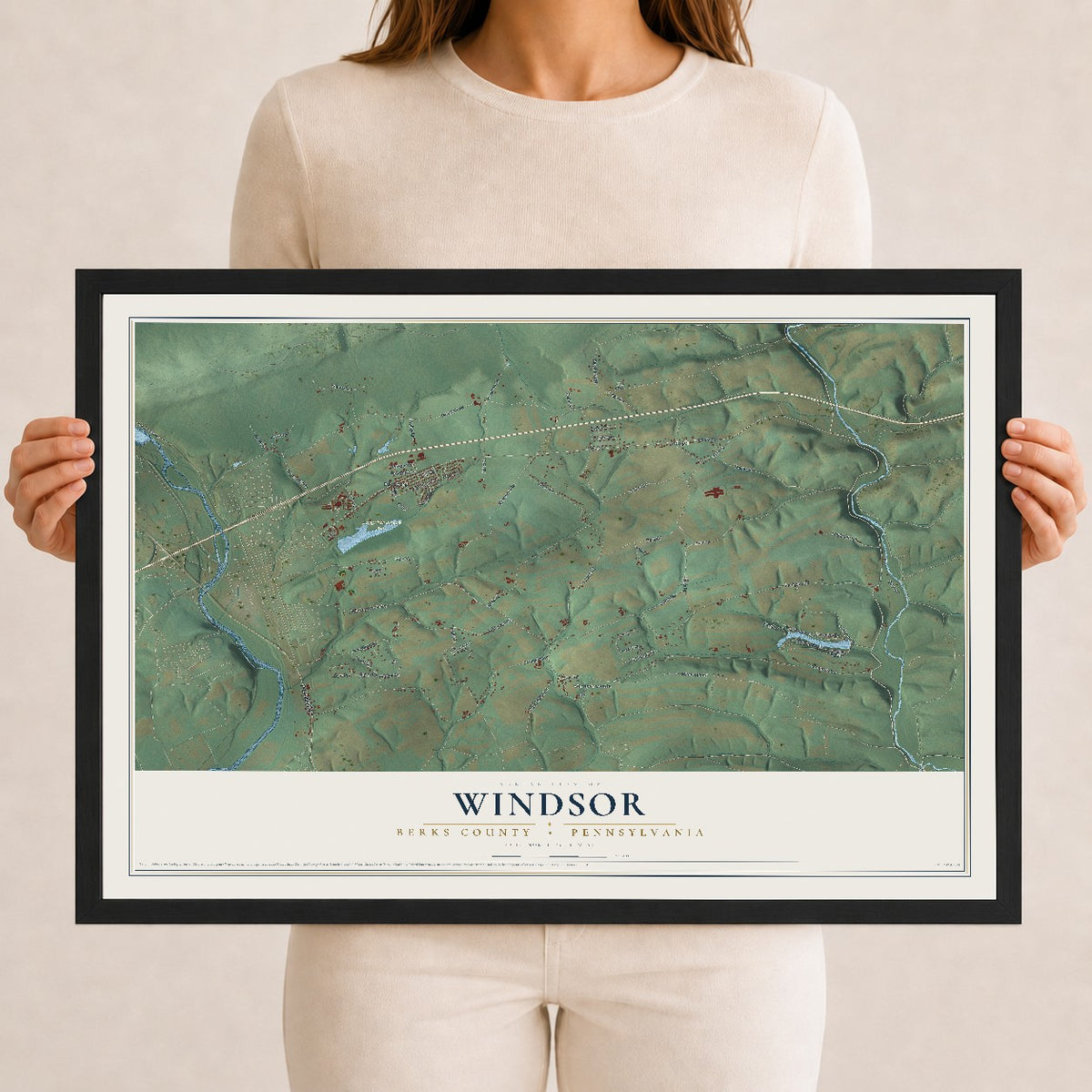 Map of Windsor, Berks County, Pennsylvania, 12 x 18 inch print in a black wood frame