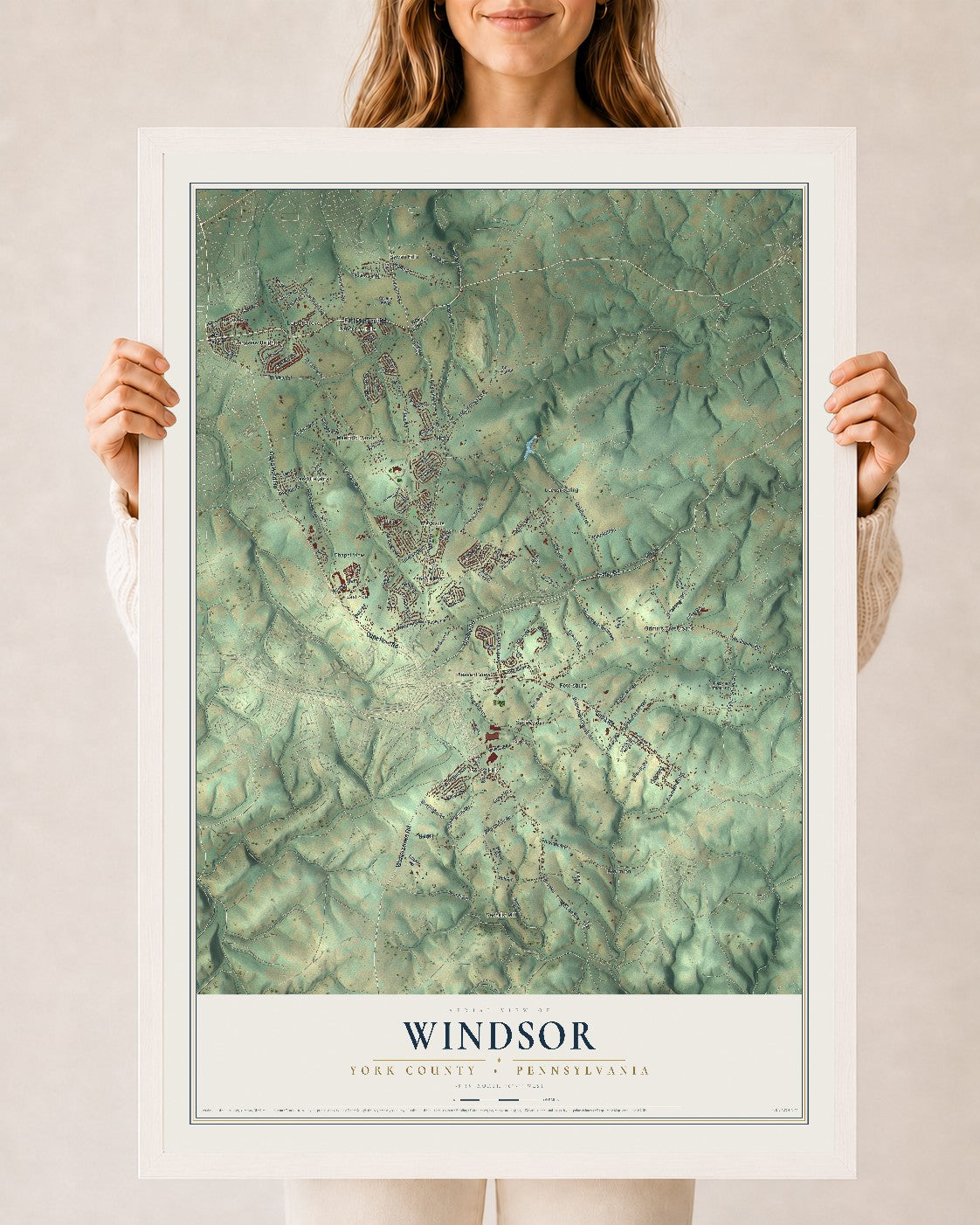 Map of Windsor, York County, Pennsylvania, 24 x 36 inch print in a white wood frame