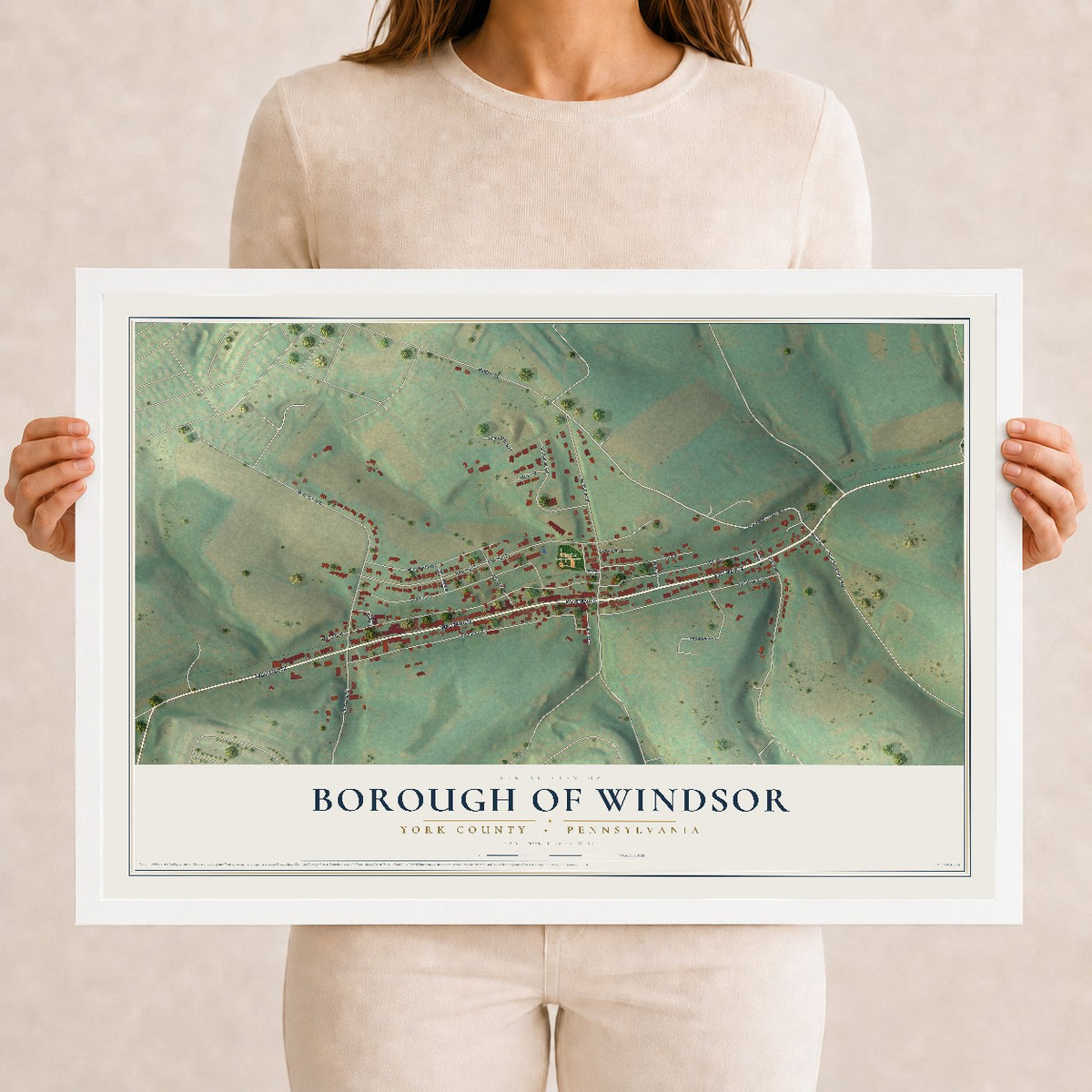Map of the Borough of Windsor, York County, Pennsylvania, 12 x 18 inch print in a white wood frame