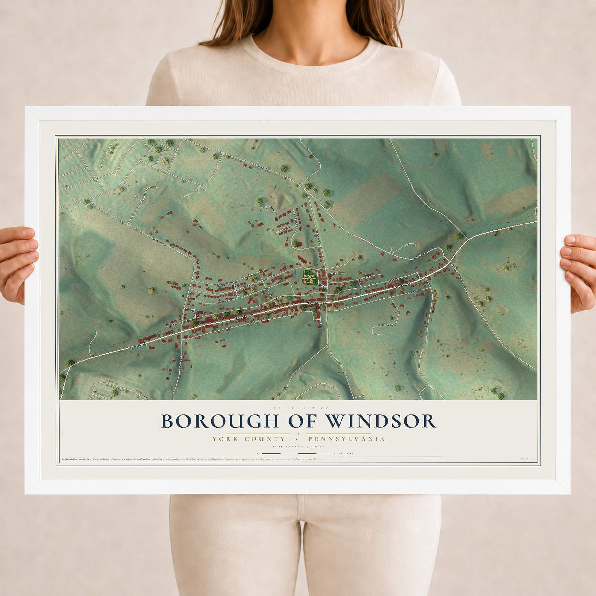 Map of the Borough of Windsor, York County, Pennsylvania, 18 x 24 inch print in a white wood frame