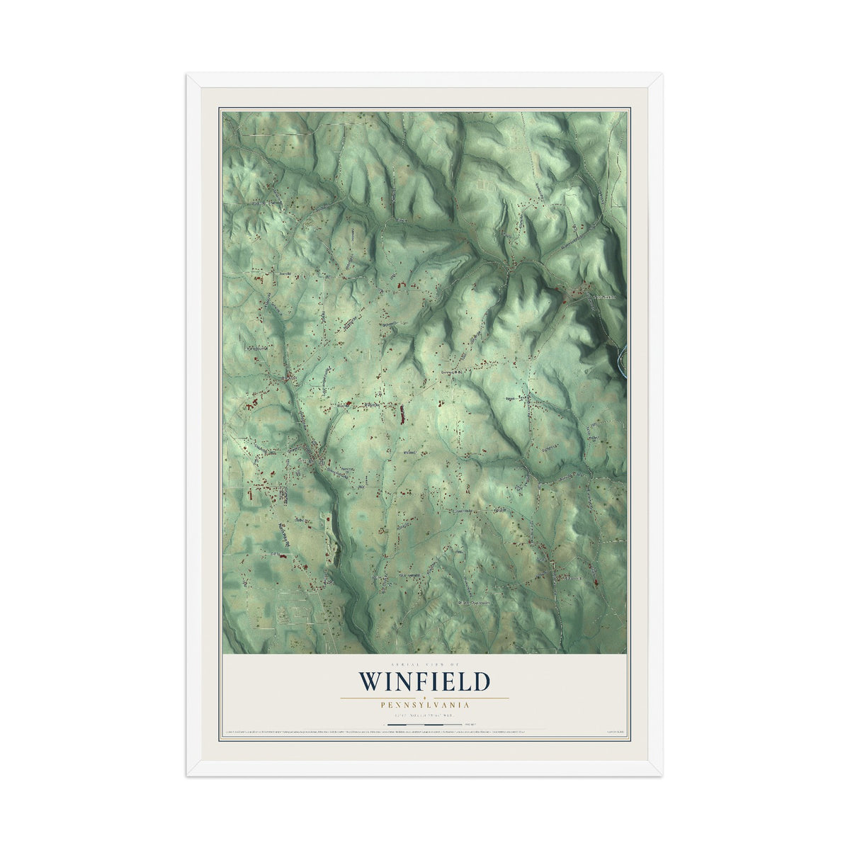 Map of Winfield, Pennsylvania, 12 x 18 inch print in a white wood frame
