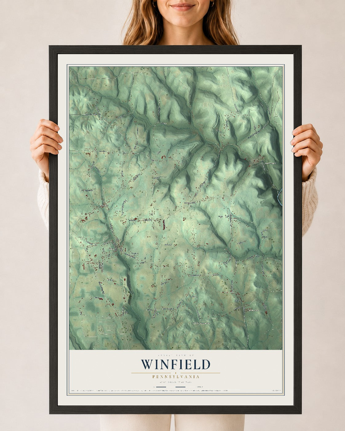 Map of Winfield, Pennsylvania, 24 x 36 inch print in a black wood frame