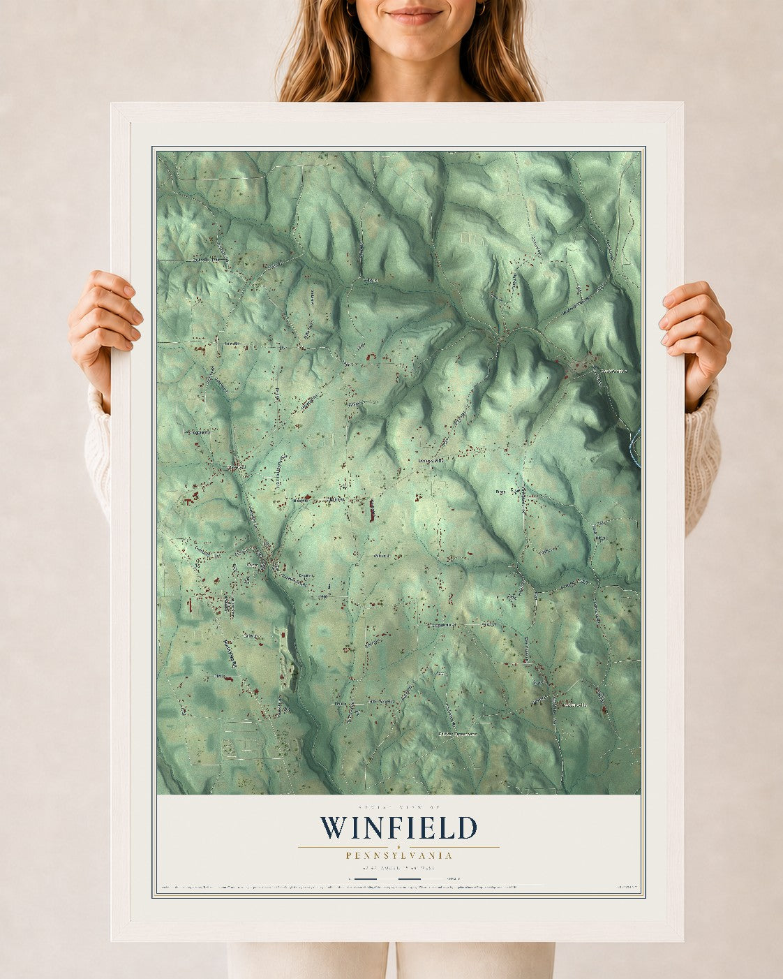Map of Winfield, Pennsylvania, 24 x 36 inch print in a white wood frame