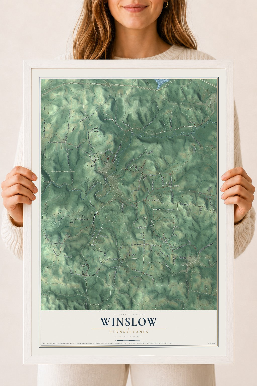 Map of Winslow, Pennsylvania, 18 x 24 inch print in a white wood frame