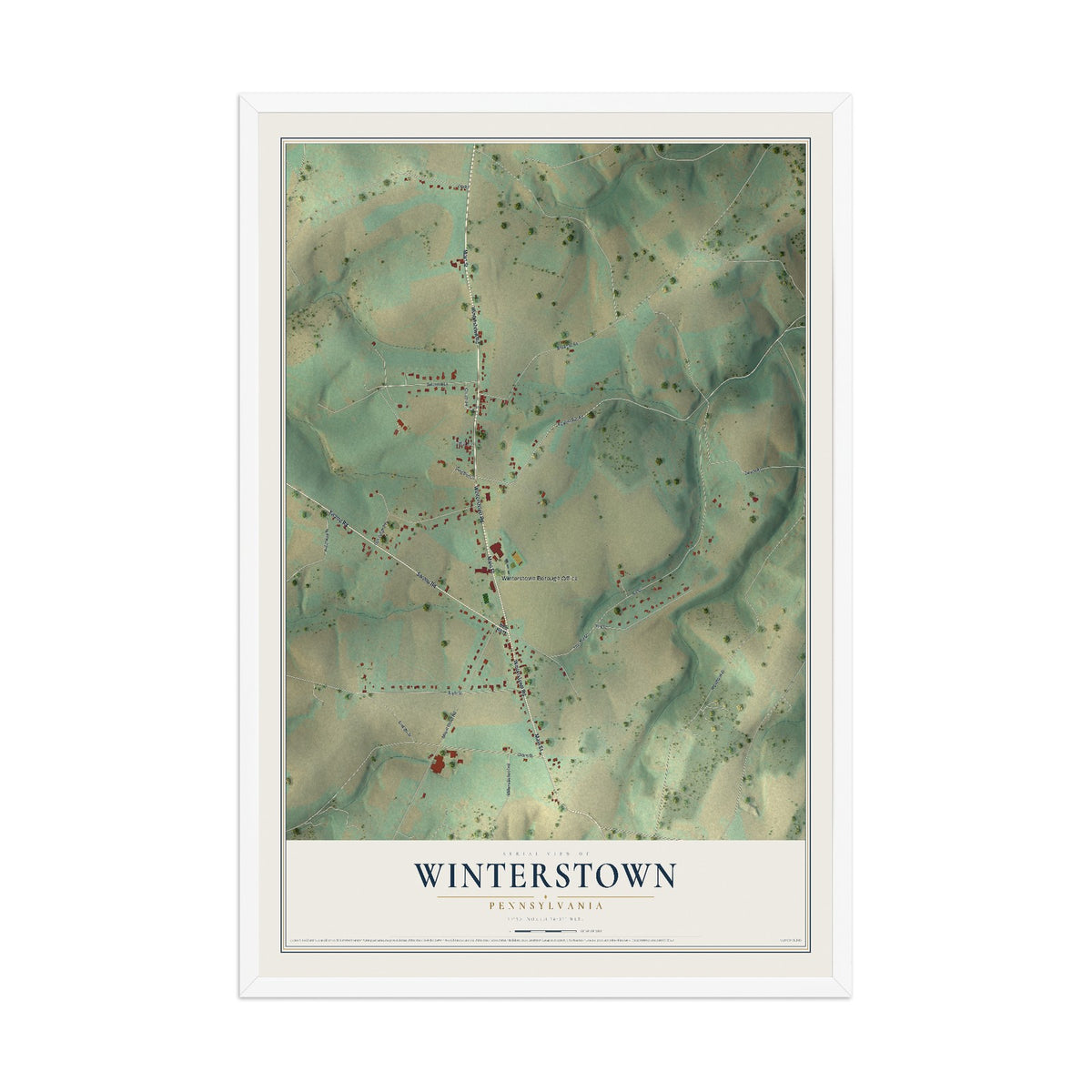 Map of Winterstown, Pennsylvania, 12 x 18 inch print in a white wood frame