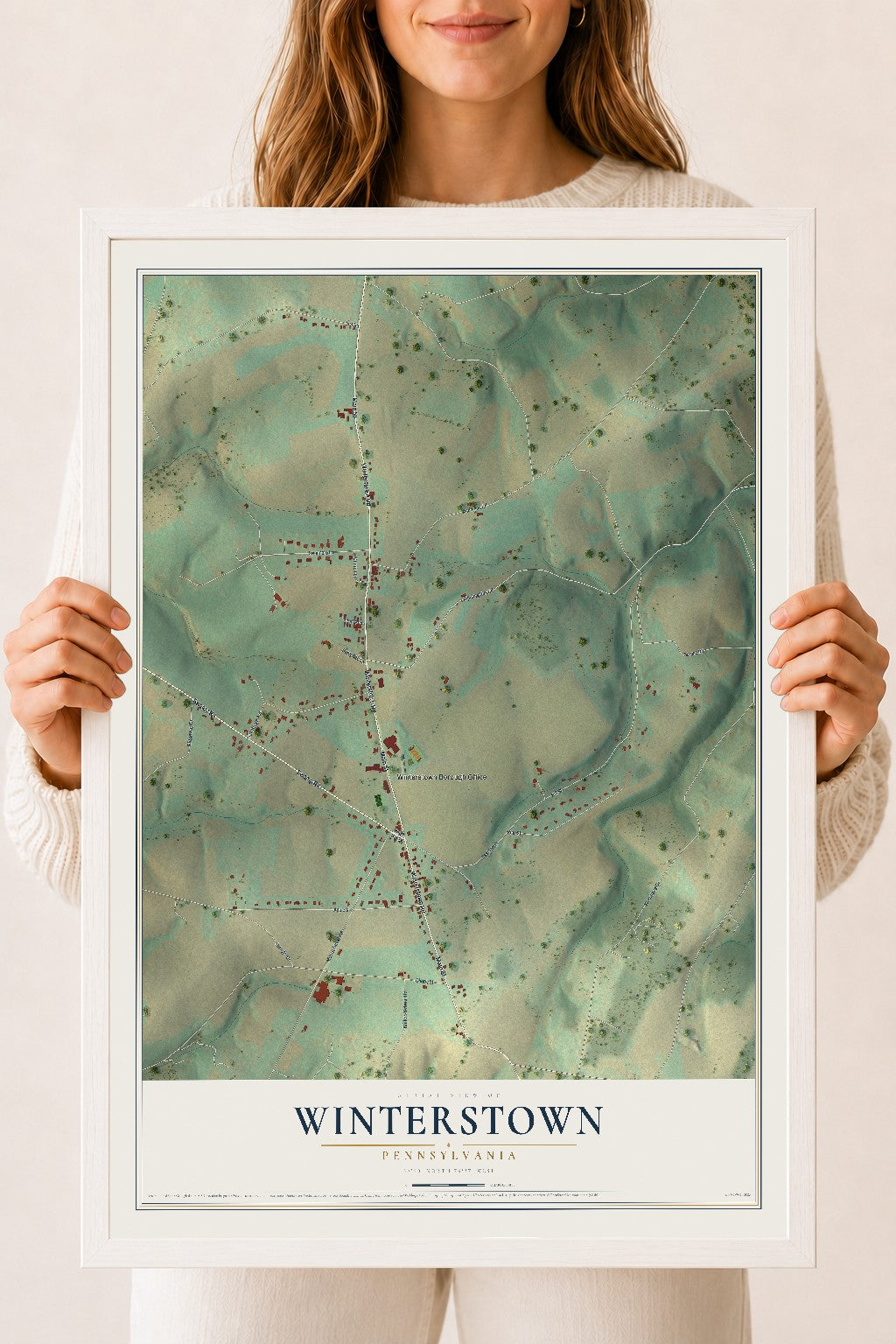 Map of Winterstown, Pennsylvania, 18 x 24 inch print in a white wood frame