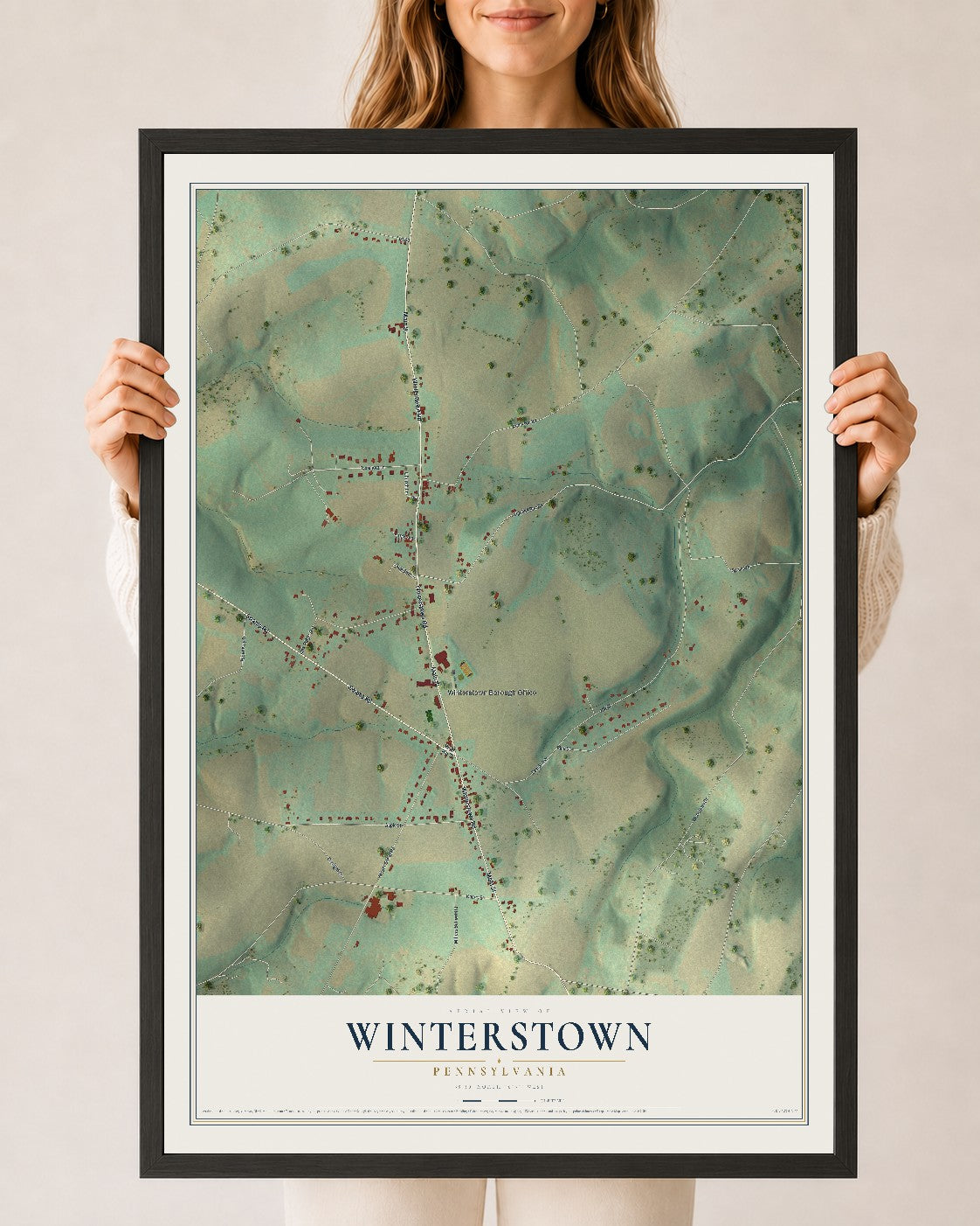 Map of Winterstown, Pennsylvania, 24 x 36 inch print in a black wood frame